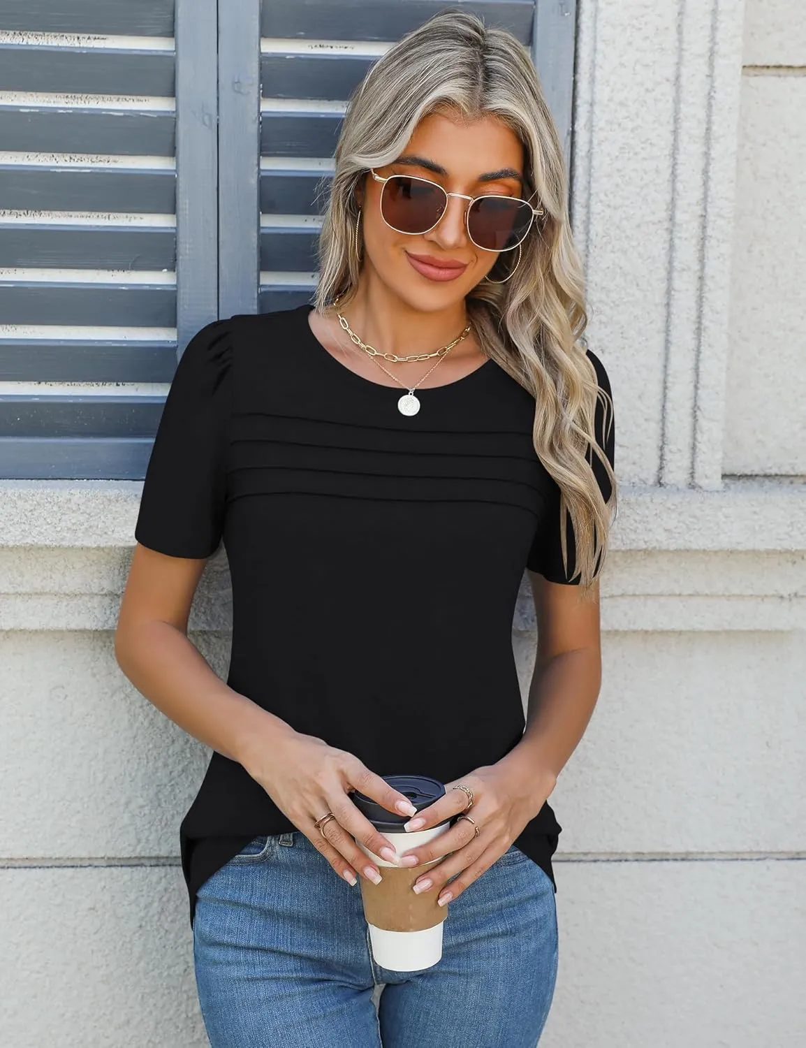 Ivicoer Womens Summer Tops Short Puff Sleeve Dressy Casual Blouses Crew Neck Pleated T Shirts Loose Fit Spring Tunic