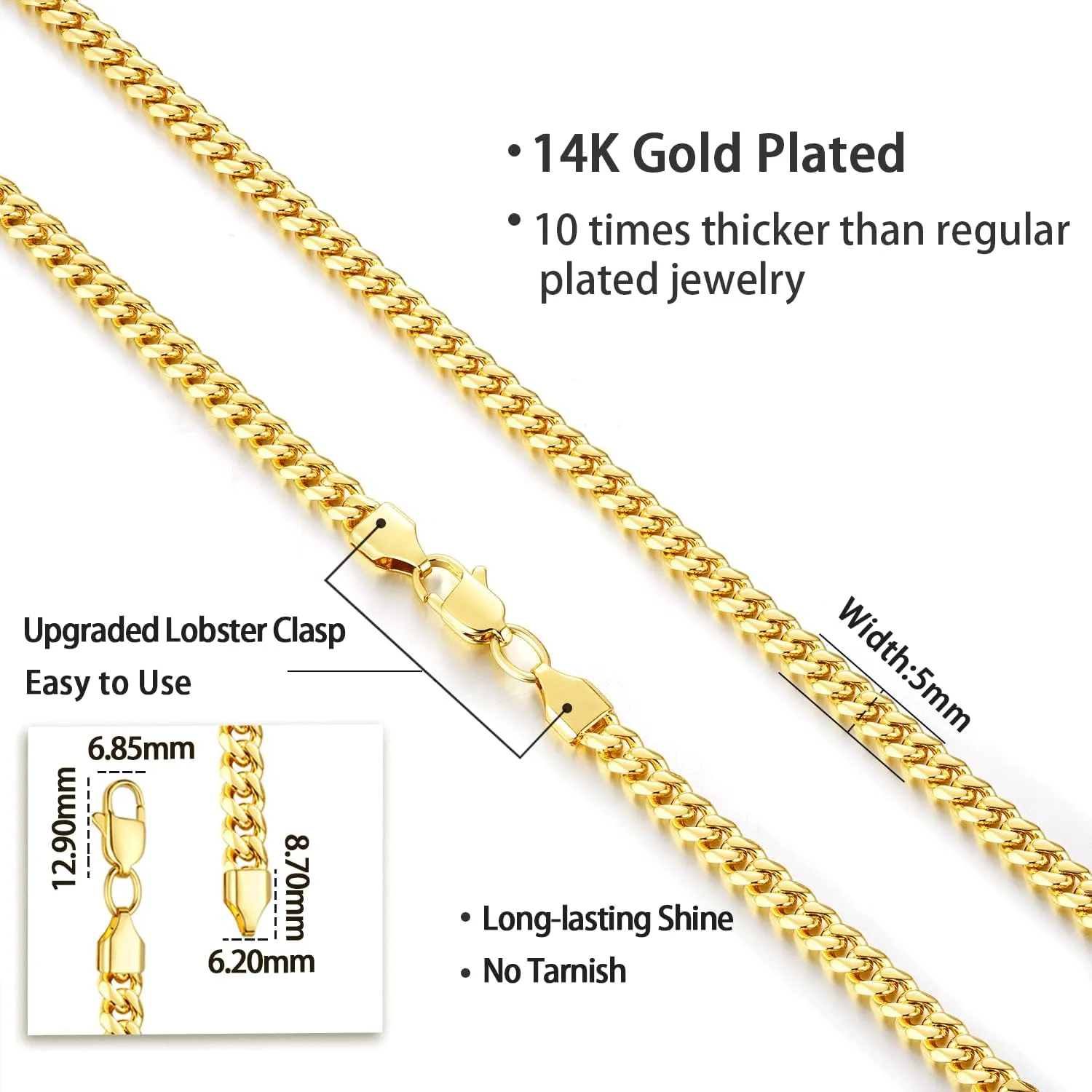 Jewlpire 5mm Silver Chain Gold Chains for Men Women, 14K Plated Mens Necklace Chains Stainless Steel Cuban Link Chain Necklace for Men, Mens Chain 16 18 20 22 24 26 Inch