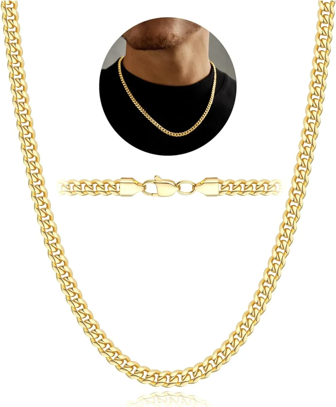 Jewlpire 5mm Silver Chain Gold Chains for Men Women, 14K Plated Mens Necklace Chains Stainless Steel Cuban Link Chain Necklace for Men, Mens Chain 16 18 20 22 24 26 Inch
