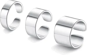 JOERICA 3PCS Adjustable Band Rings for Women Men Open Cuff Knuckle Rings Flat Plain Wide Band Ring Set