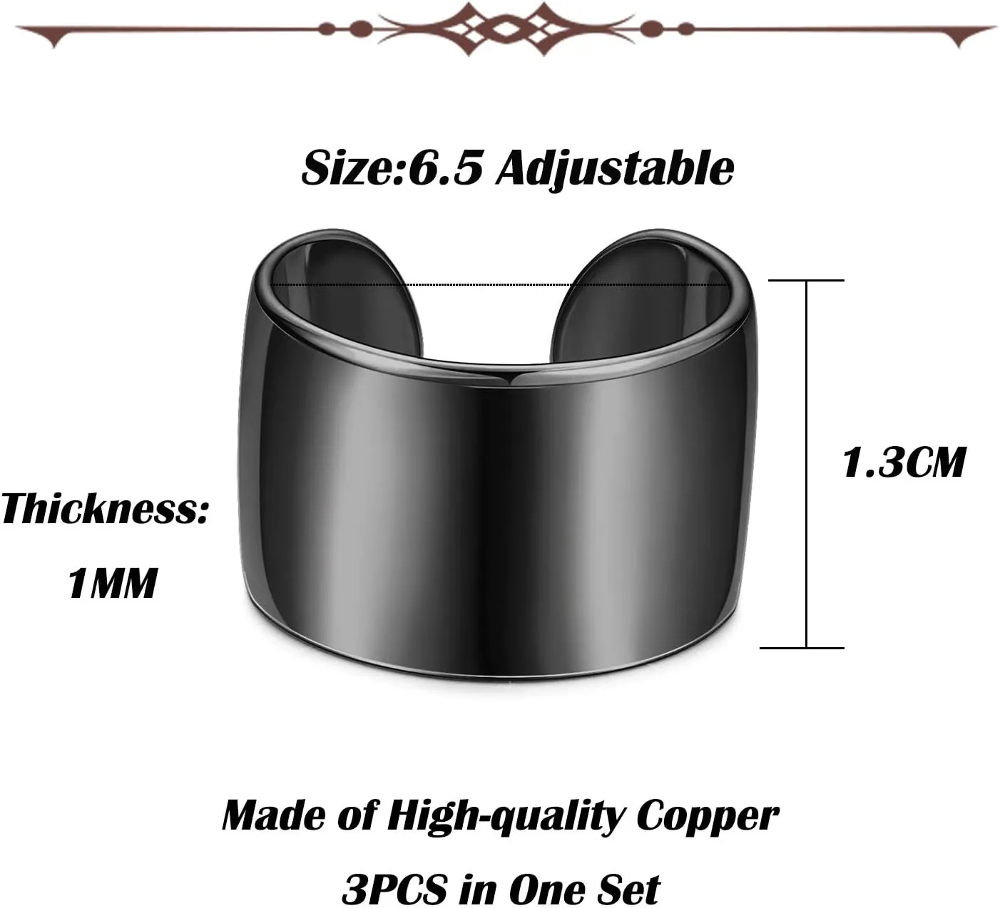 JOERICA 3PCS Adjustable Band Rings for Women Men Open Cuff Knuckle Rings Flat Plain Wide Band Ring Set