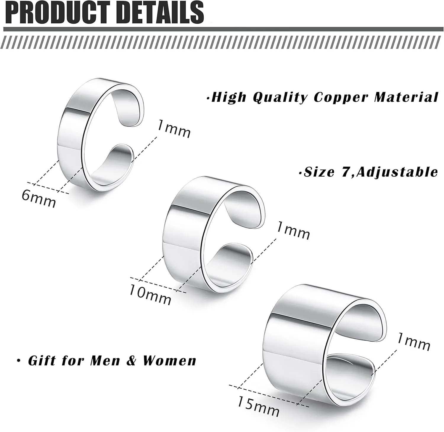 JOERICA 3PCS Adjustable Band Rings for Women Men Open Cuff Knuckle Rings Flat Plain Wide Band Ring Set