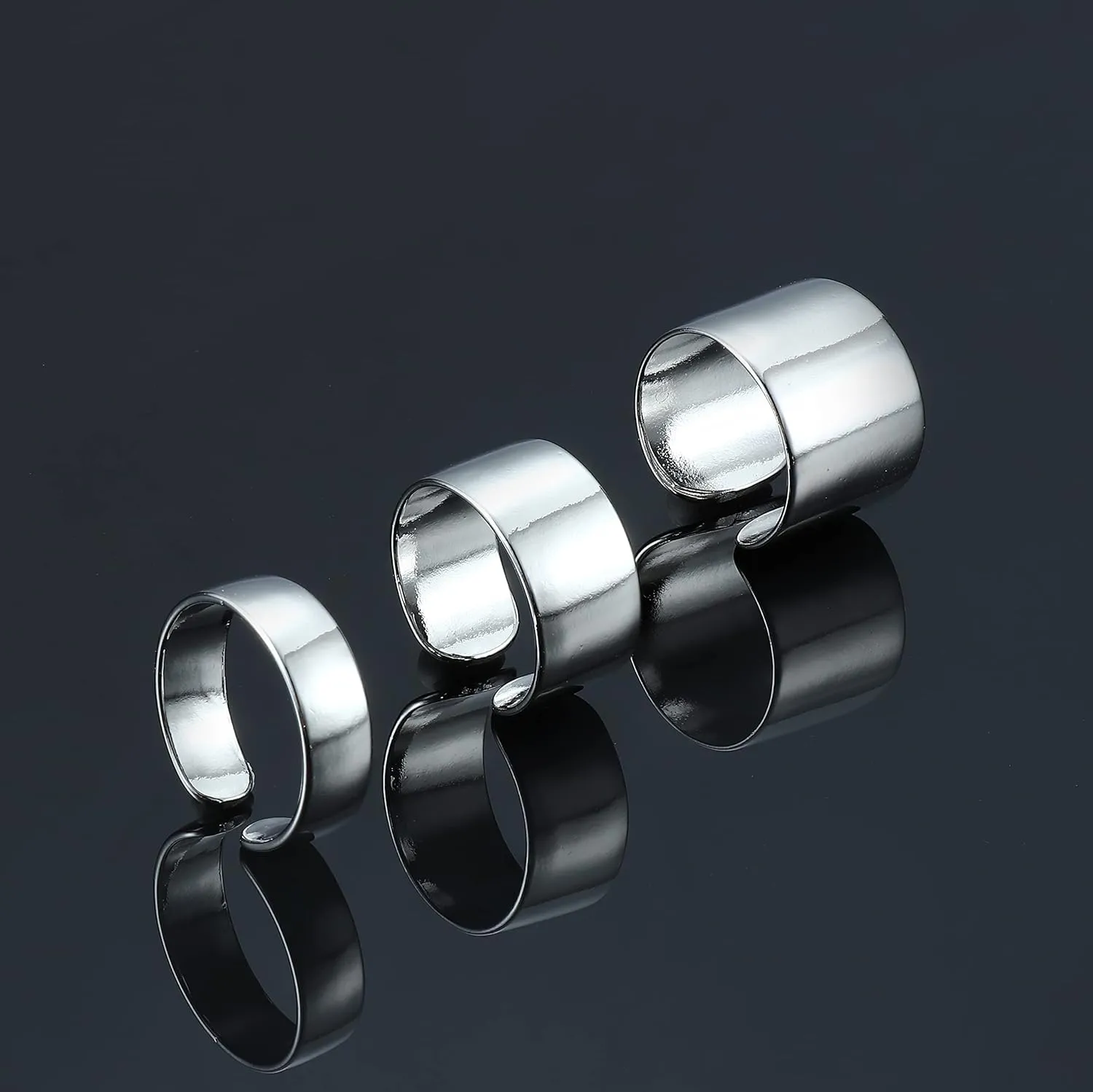 JOERICA 3PCS Adjustable Band Rings for Women Men Open Cuff Knuckle Rings Flat Plain Wide Band Ring Set