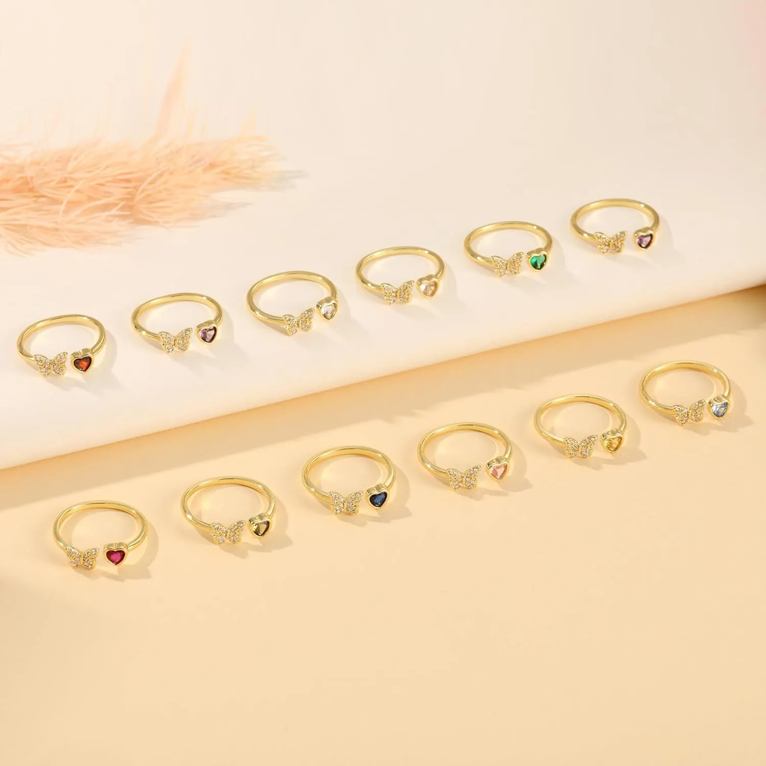 JSJOY Birthstone Rings for Women Non Tarnish Butterfly Heart Rings Dainty 14K Gold Stakble Ring Birthday Gifts for Her Adjustable Waterproof Jewelry for Women Mothers Day Gifts for Mom Her Wife
