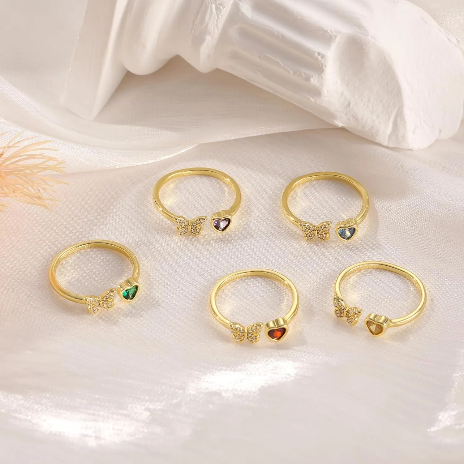 JSJOY Birthstone Rings for Women Non Tarnish Butterfly Heart Rings Dainty 14K Gold Stakble Ring Birthday Gifts for Her Adjustable Waterproof Jewelry for Women Mothers Day Gifts for Mom Her Wife