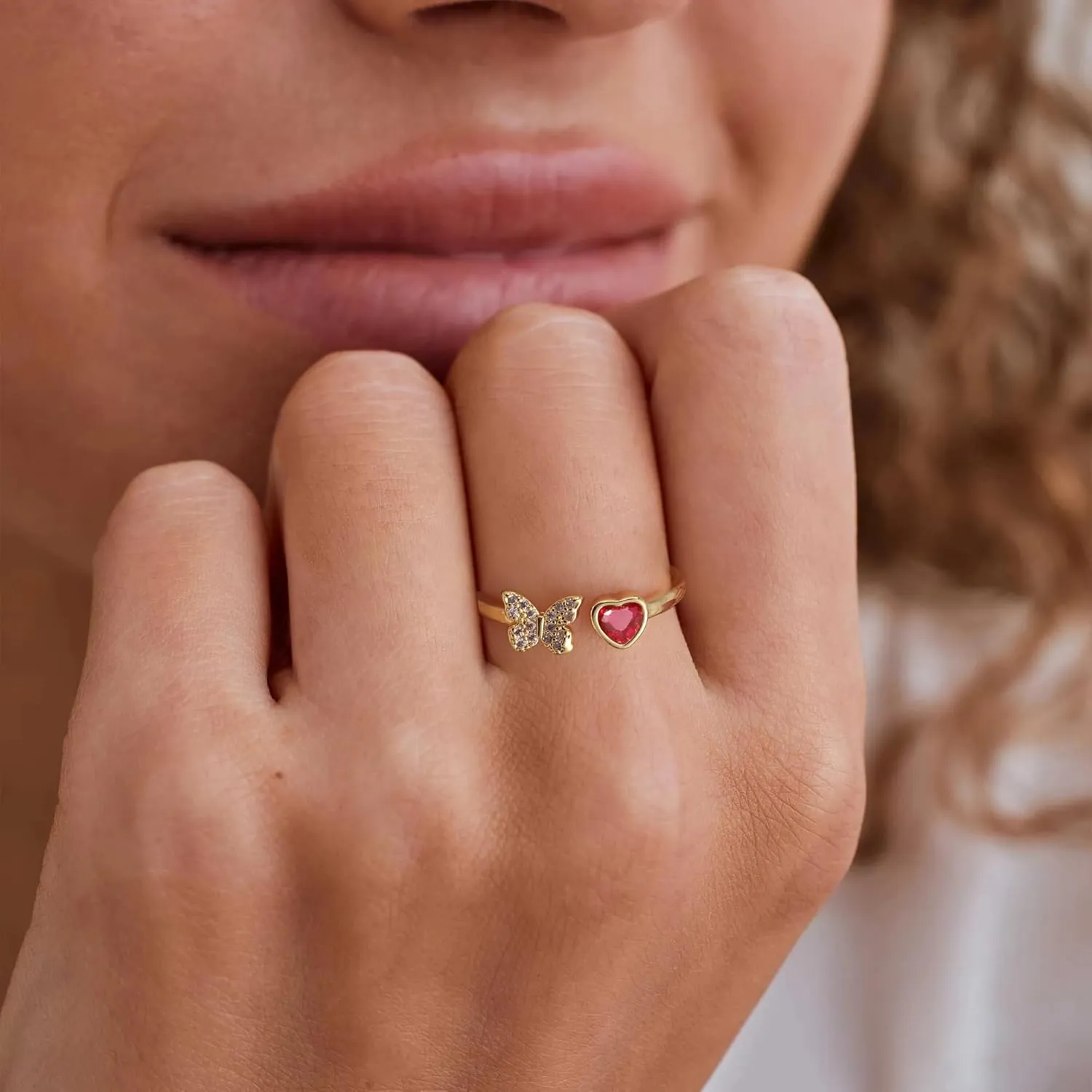 JSJOY Birthstone Rings for Women Non Tarnish Butterfly Heart Rings Dainty 14K Gold Stakble Ring Birthday Gifts for Her Adjustable Waterproof Jewelry for Women Mothers Day Gifts for Mom Her Wife
