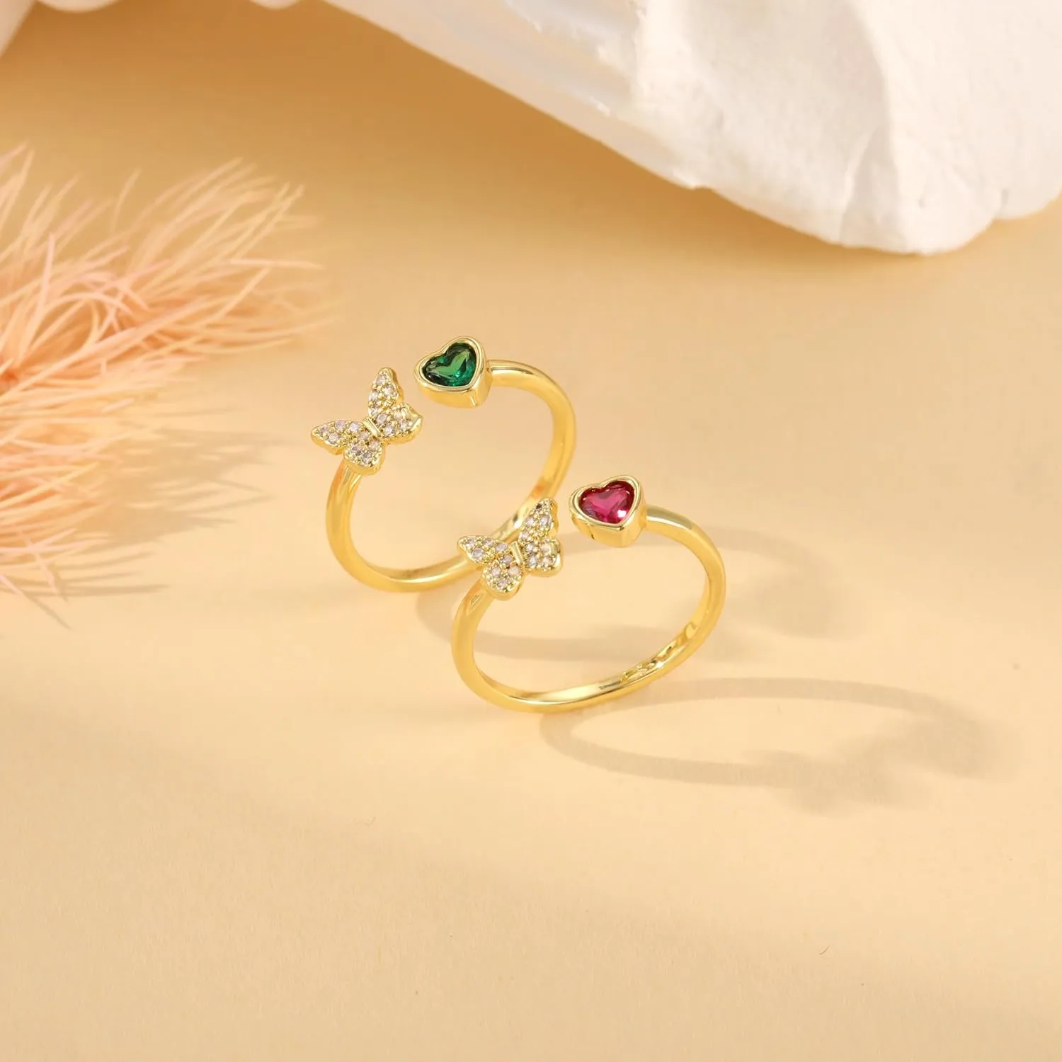 JSJOY Birthstone Rings for Women Non Tarnish Butterfly Heart Rings Dainty 14K Gold Stakble Ring Birthday Gifts for Her Adjustable Waterproof Jewelry for Women Mothers Day Gifts for Mom Her Wife