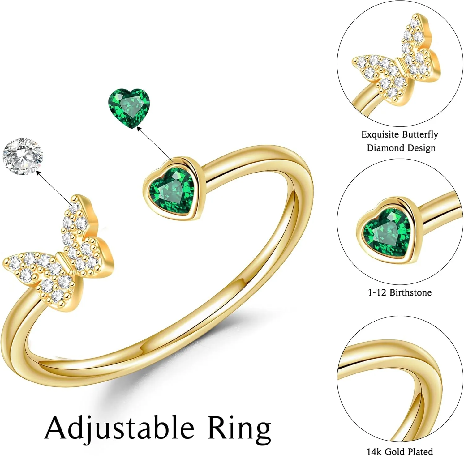 JSJOY Birthstone Rings for Women Non Tarnish Butterfly Heart Rings Dainty 14K Gold Stakble Ring Birthday Gifts for Her Adjustable Waterproof Jewelry for Women Mothers Day Gifts for Mom Her Wife