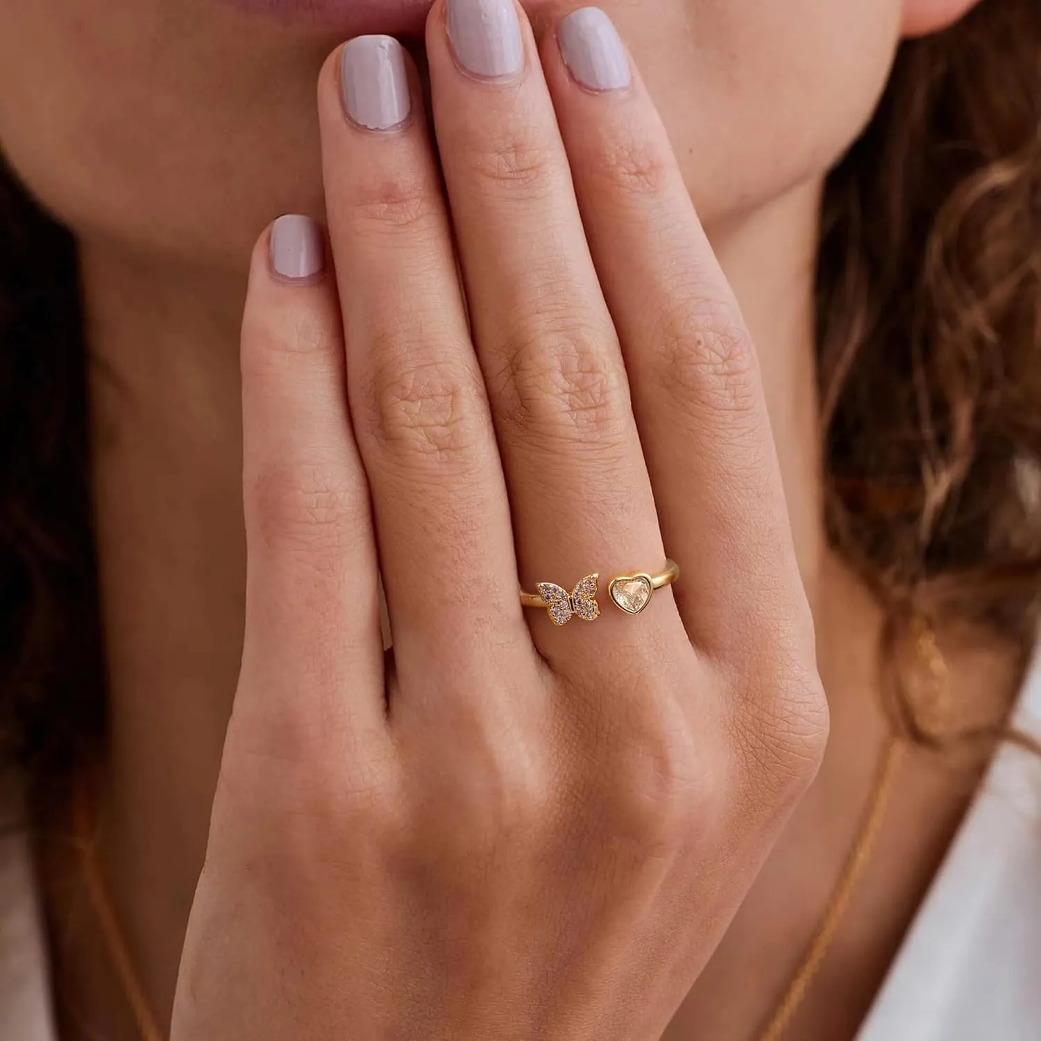 JSJOY Birthstone Rings for Women Non Tarnish Butterfly Heart Rings Dainty 14K Gold Stakble Ring Birthday Gifts for Her Adjustable Waterproof Jewelry for Women Mothers Day Gifts for Mom Her Wife
