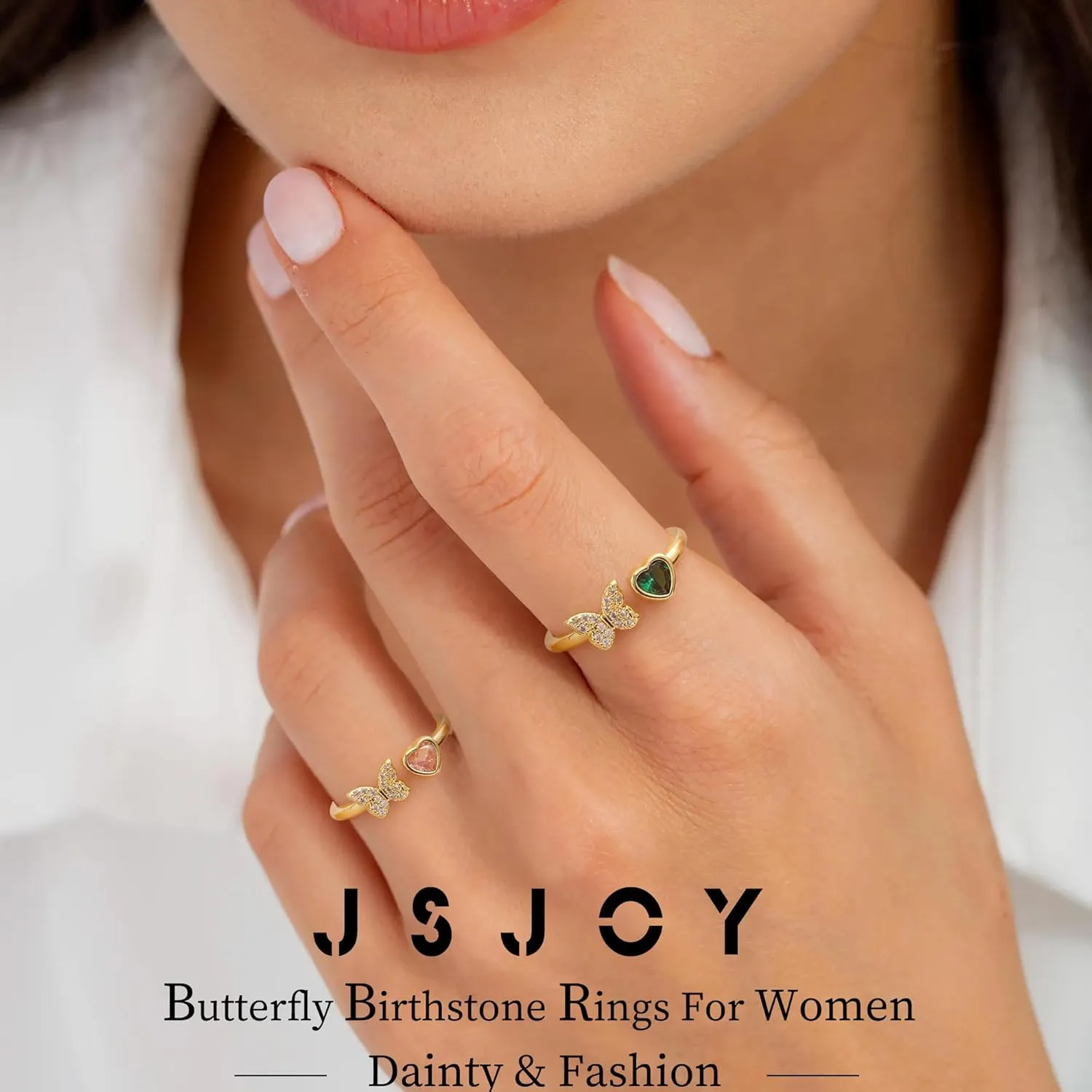 JSJOY Birthstone Rings for Women Non Tarnish Butterfly Heart Rings Dainty 14K Gold Stakble Ring Birthday Gifts for Her Adjustable Waterproof Jewelry for Women Mothers Day Gifts for Mom Her Wife