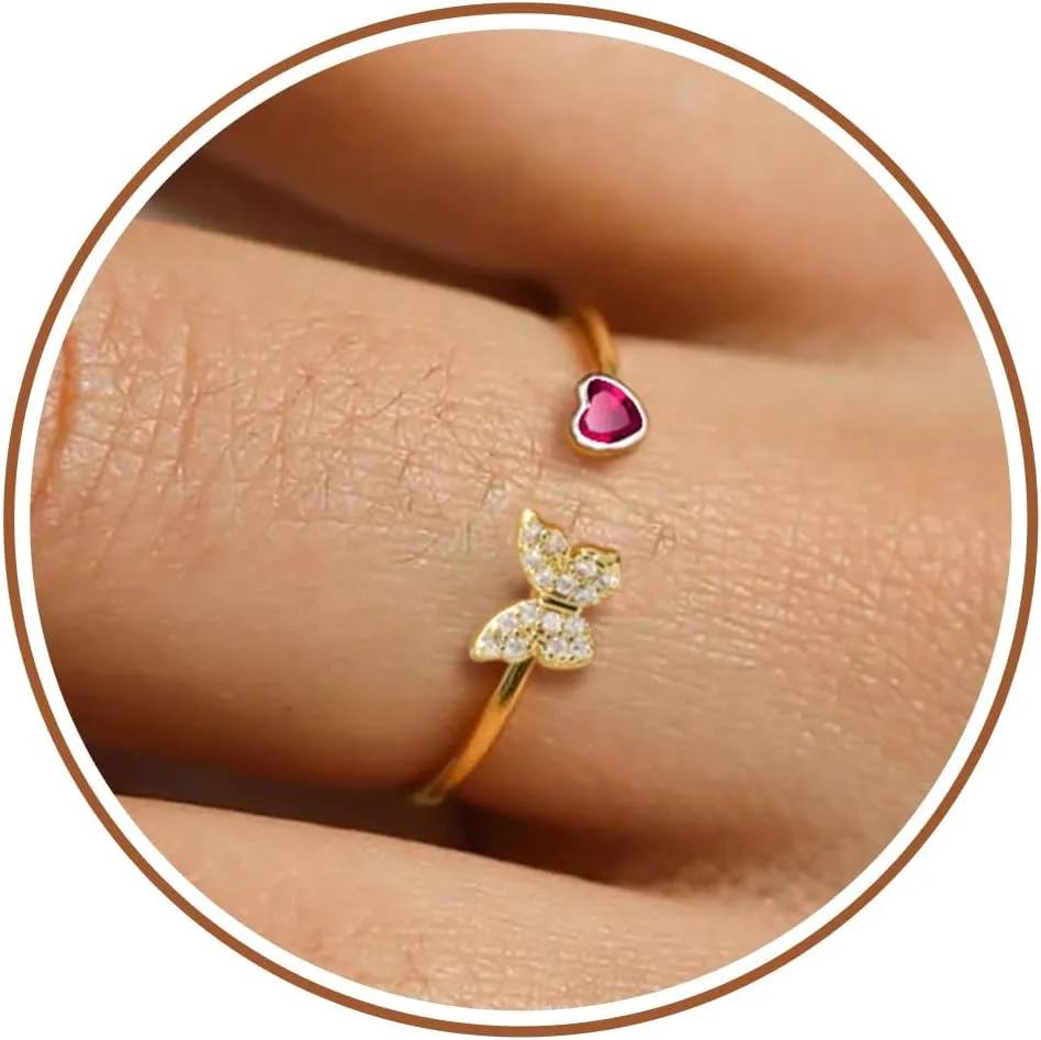 JSJOY Birthstone Rings for Women Non Tarnish Butterfly Heart Rings Dainty 14K Gold Stakble Ring Birthday Gifts for Her Adjustable Waterproof Jewelry for Women Mothers Day Gifts for Mom Her Wife