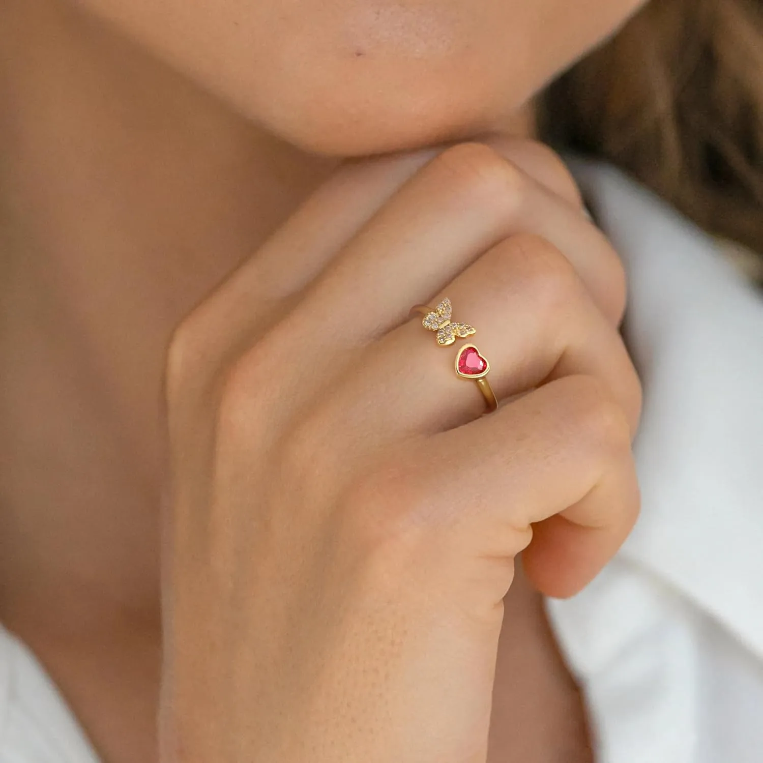JSJOY Birthstone Rings for Women Non Tarnish Butterfly Heart Rings Dainty 14K Gold Stakble Ring Birthday Gifts for Her Adjustable Waterproof Jewelry for Women Mothers Day Gifts for Mom Her Wife