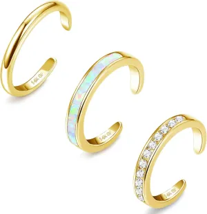 Jstyle 3PCS 14K Gold Filled Toe Rings for Women Adjustable Silver Gold Toe Ring Set Cute Opal CZ Daisy Flower Toe Rings Open Band Hawaiian Beach Summer Foot Jewelry for Women