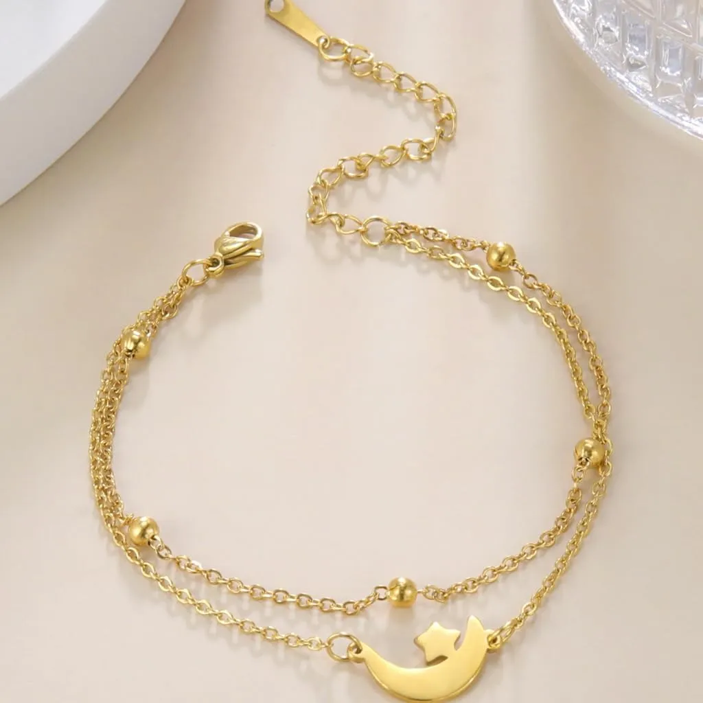 Jude Jewelers Stainless Steel Star Moon Charms Double Chains Strand Bracelet