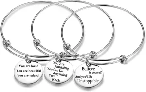 Jvvsci 3PCS Stainless Steel Inspirational Charm Bracelets Jewelry Set Engraved Message Motivational Expendable Bangles for Women Girls