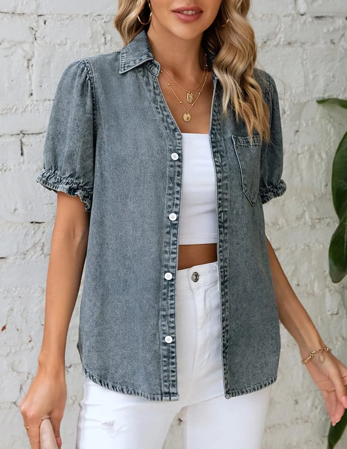 KANCY KOLE Womens Denim Shirts Button Down Short Puff Sleeve Lightweight Jeans Shirts with Pocket Business Casual Tops