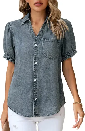 KANCY KOLE Womens Denim Shirts Button Down Short Puff Sleeve Lightweight Jeans Shirts with Pocket Business Casual Tops