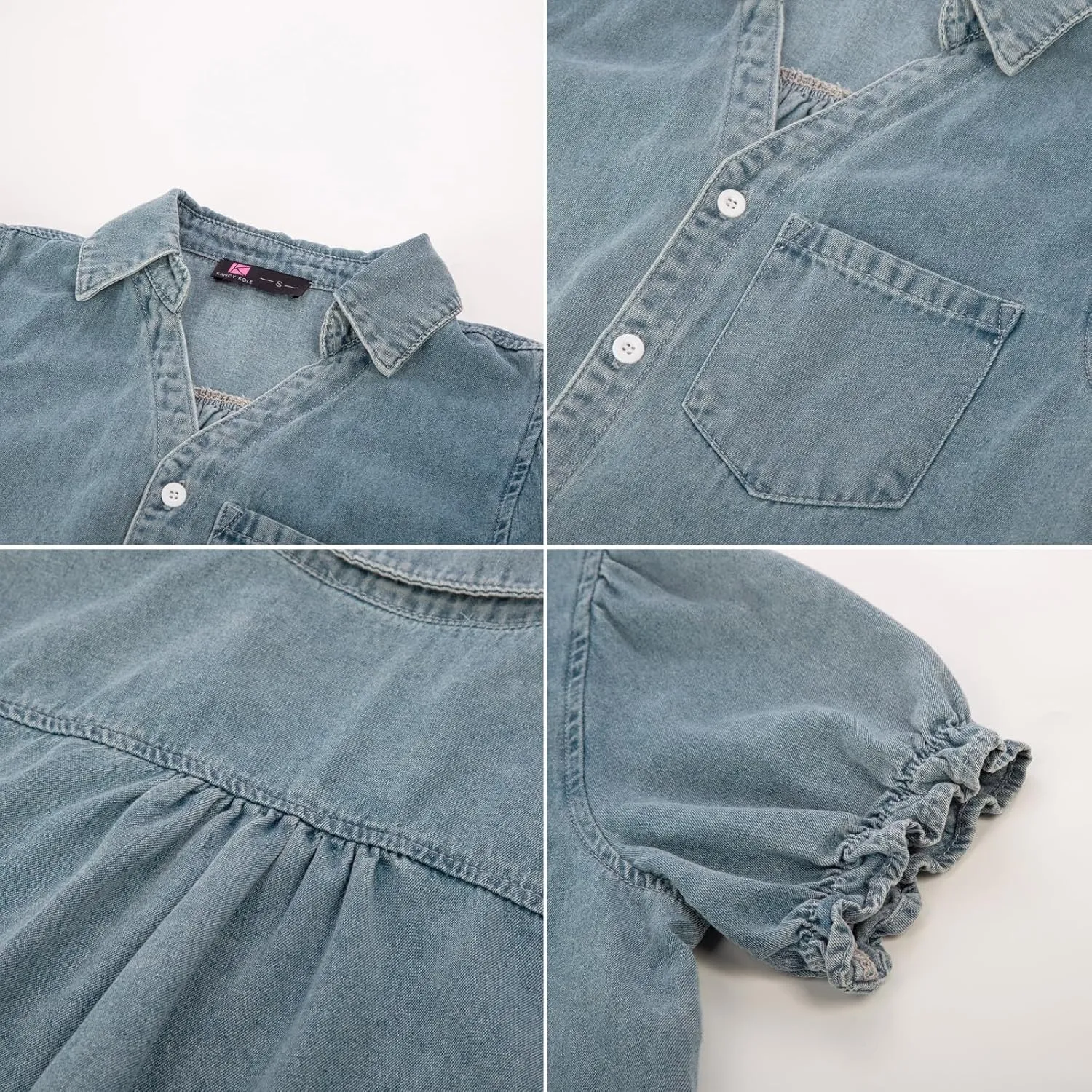 KANCY KOLE Womens Denim Shirts Button Down Short Puff Sleeve Lightweight Jeans Shirts with Pocket Business Casual Tops