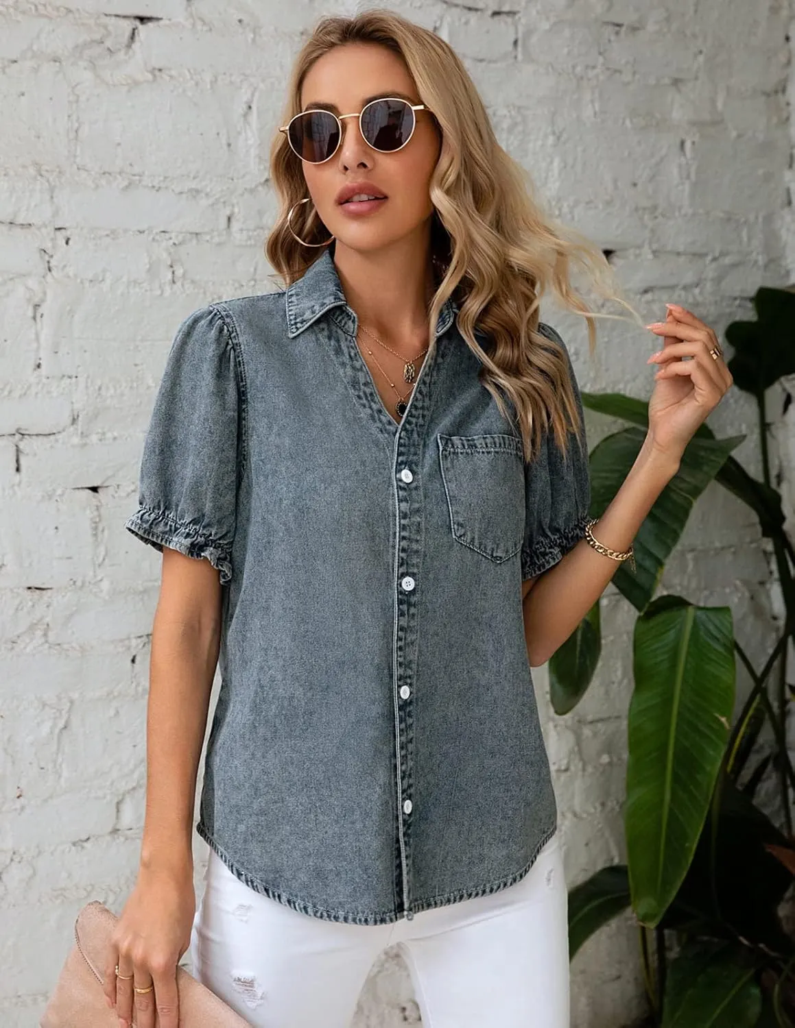 KANCY KOLE Womens Denim Shirts Button Down Short Puff Sleeve Lightweight Jeans Shirts with Pocket Business Casual Tops