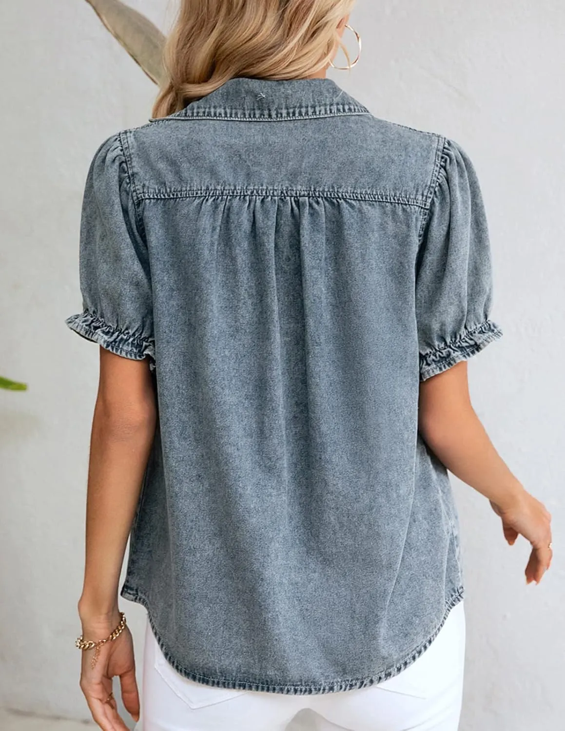 KANCY KOLE Womens Denim Shirts Button Down Short Puff Sleeve Lightweight Jeans Shirts with Pocket Business Casual Tops