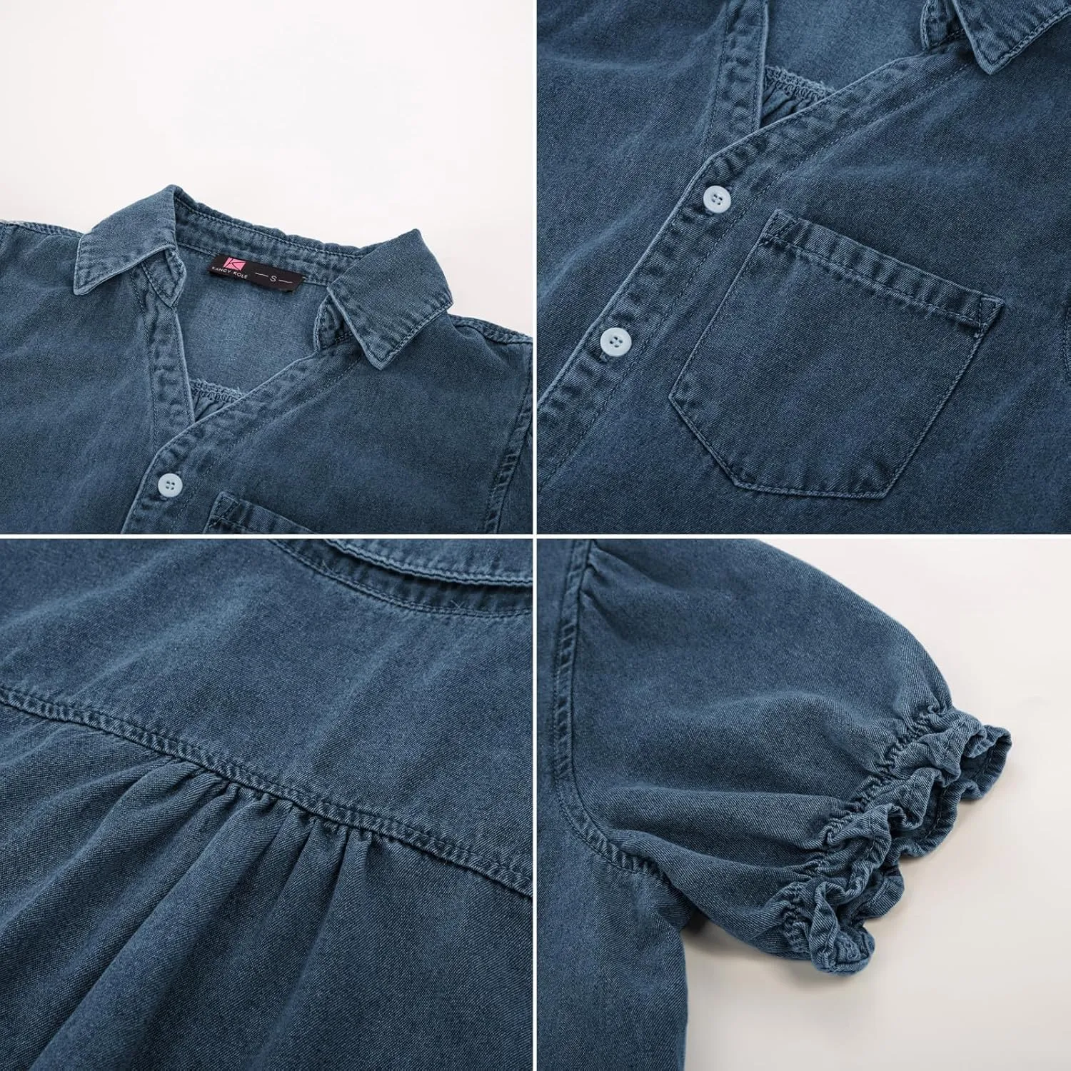 KANCY KOLE Womens Denim Shirts Button Down Short Puff Sleeve Lightweight Jeans Shirts with Pocket Business Casual Tops