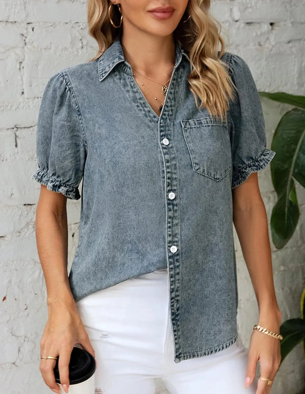 KANCY KOLE Womens Denim Shirts Button Down Short Puff Sleeve Lightweight Jeans Shirts with Pocket Business Casual Tops