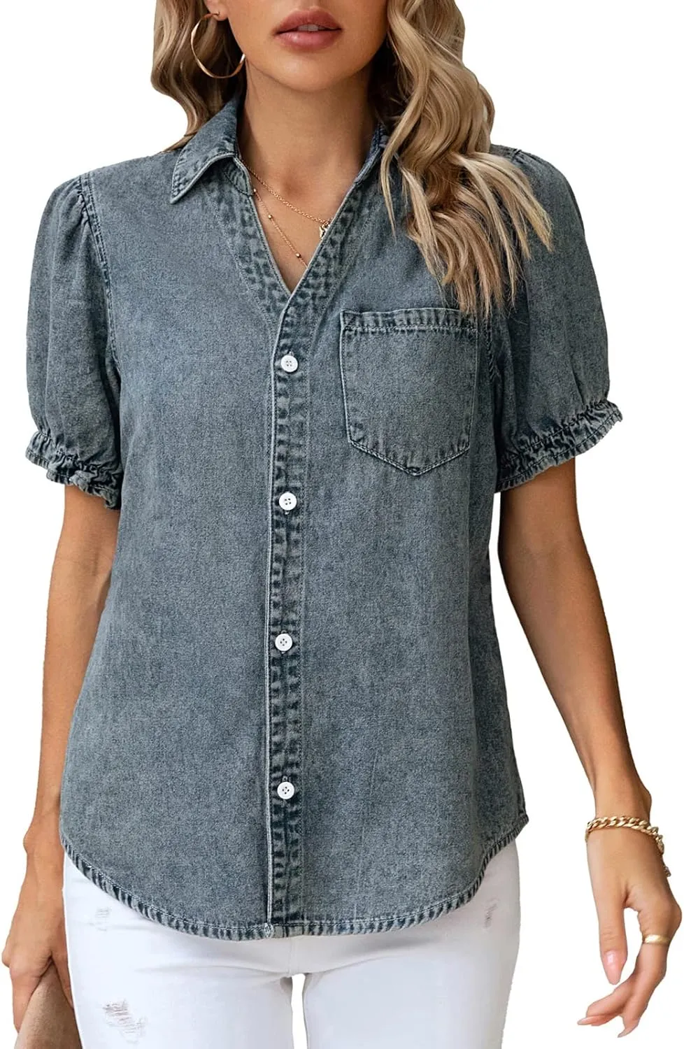 KANCY KOLE Womens Denim Shirts Button Down Short Puff Sleeve Lightweight Jeans Shirts with Pocket Business Casual Tops