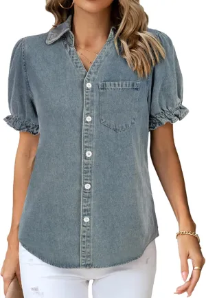 KANCY KOLE Womens Denim Shirts Button Down Short Puff Sleeve Lightweight Jeans Shirts with Pocket Business Casual Tops