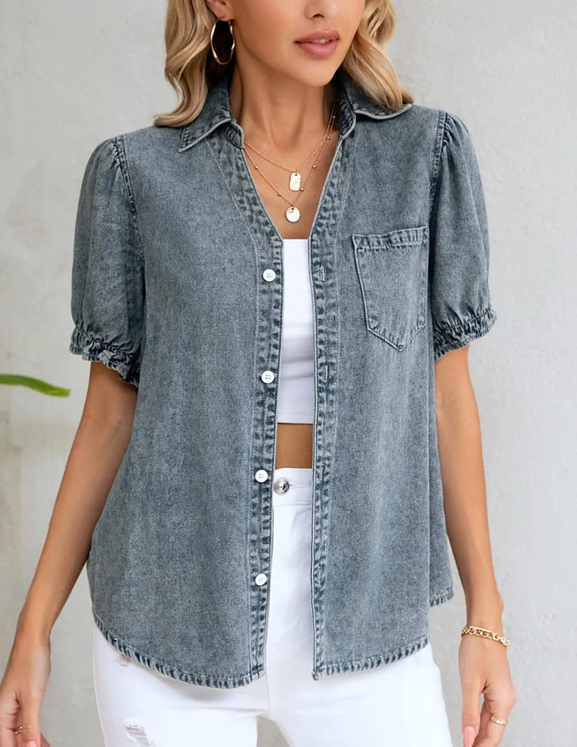KANCY KOLE Womens Denim Shirts Button Down Short Puff Sleeve Lightweight Jeans Shirts with Pocket Business Casual Tops