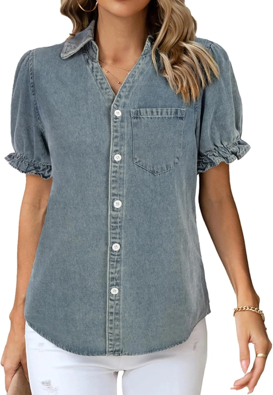 KANCY KOLE Womens Denim Shirts Button Down Short Puff Sleeve Lightweight Jeans Shirts with Pocket Business Casual Tops