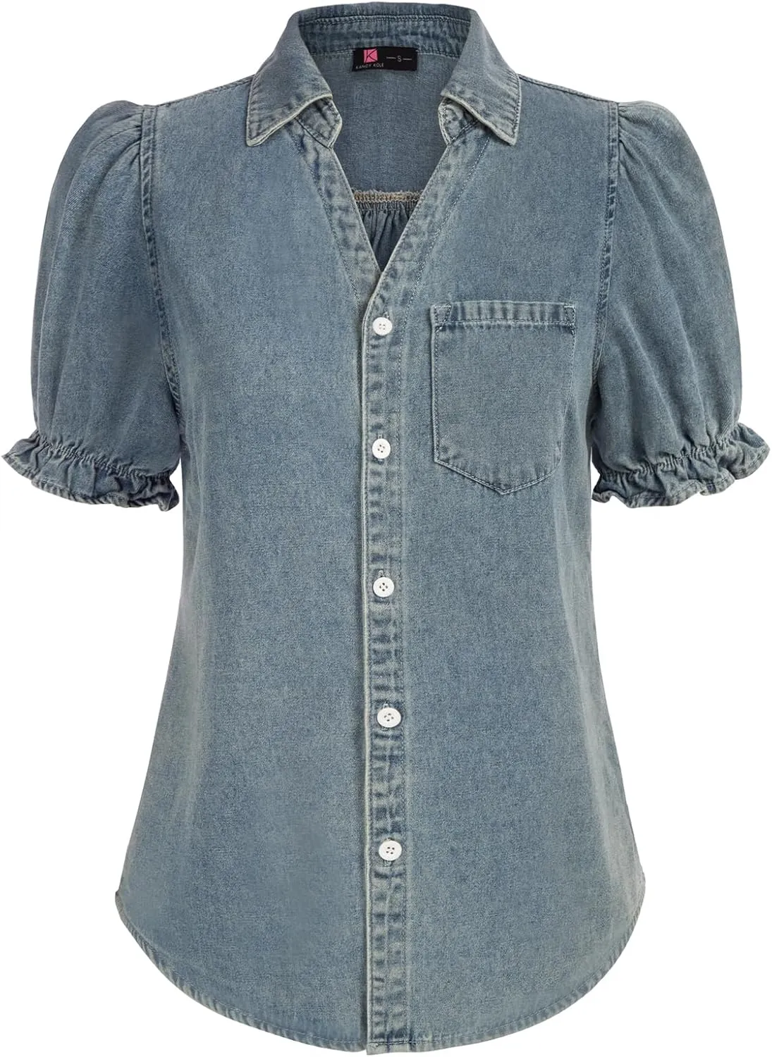 KANCY KOLE Womens Denim Shirts Button Down Short Puff Sleeve Lightweight Jeans Shirts with Pocket Business Casual Tops