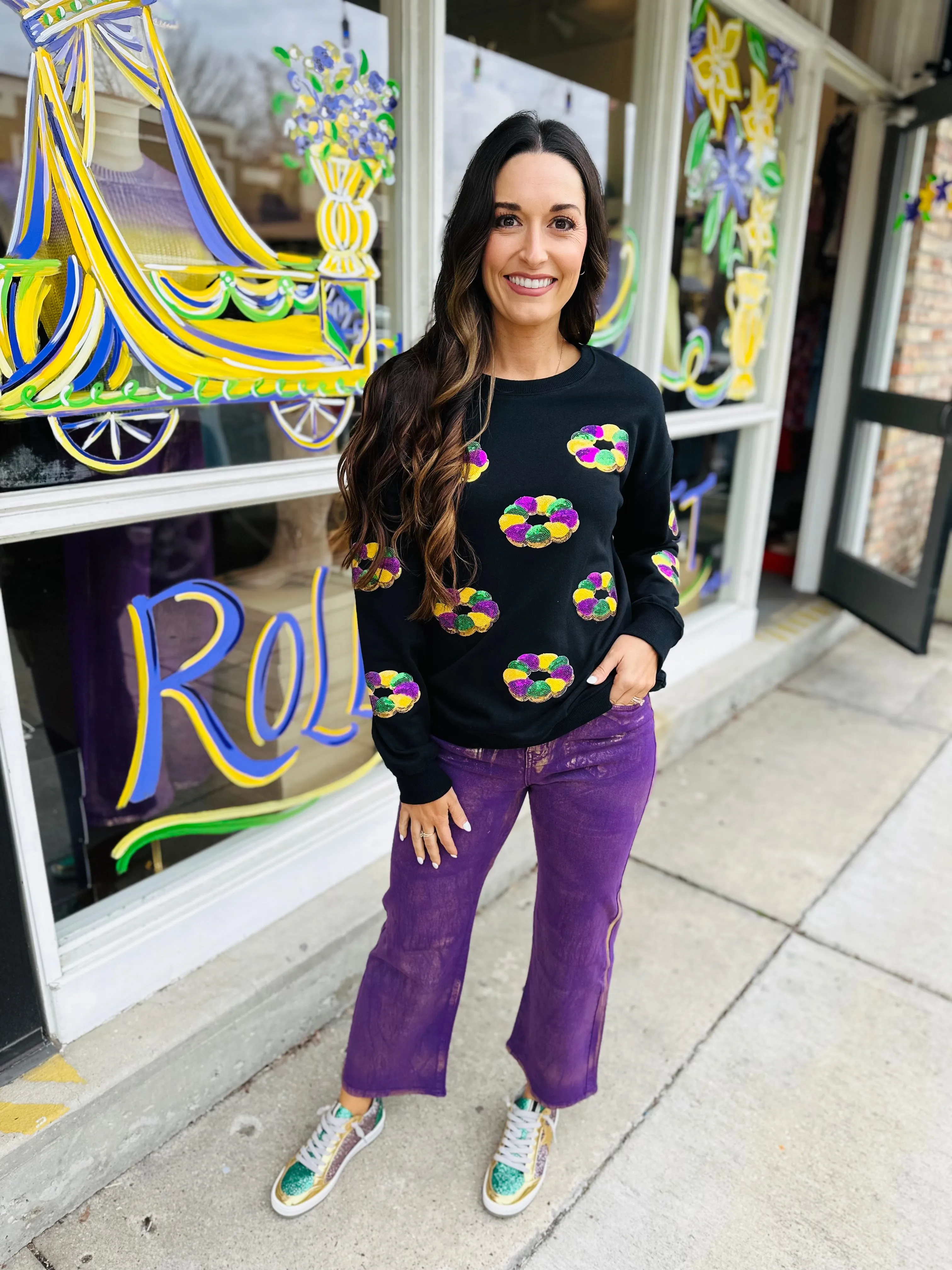 King Cake Drop Shoulder Sweater- Black