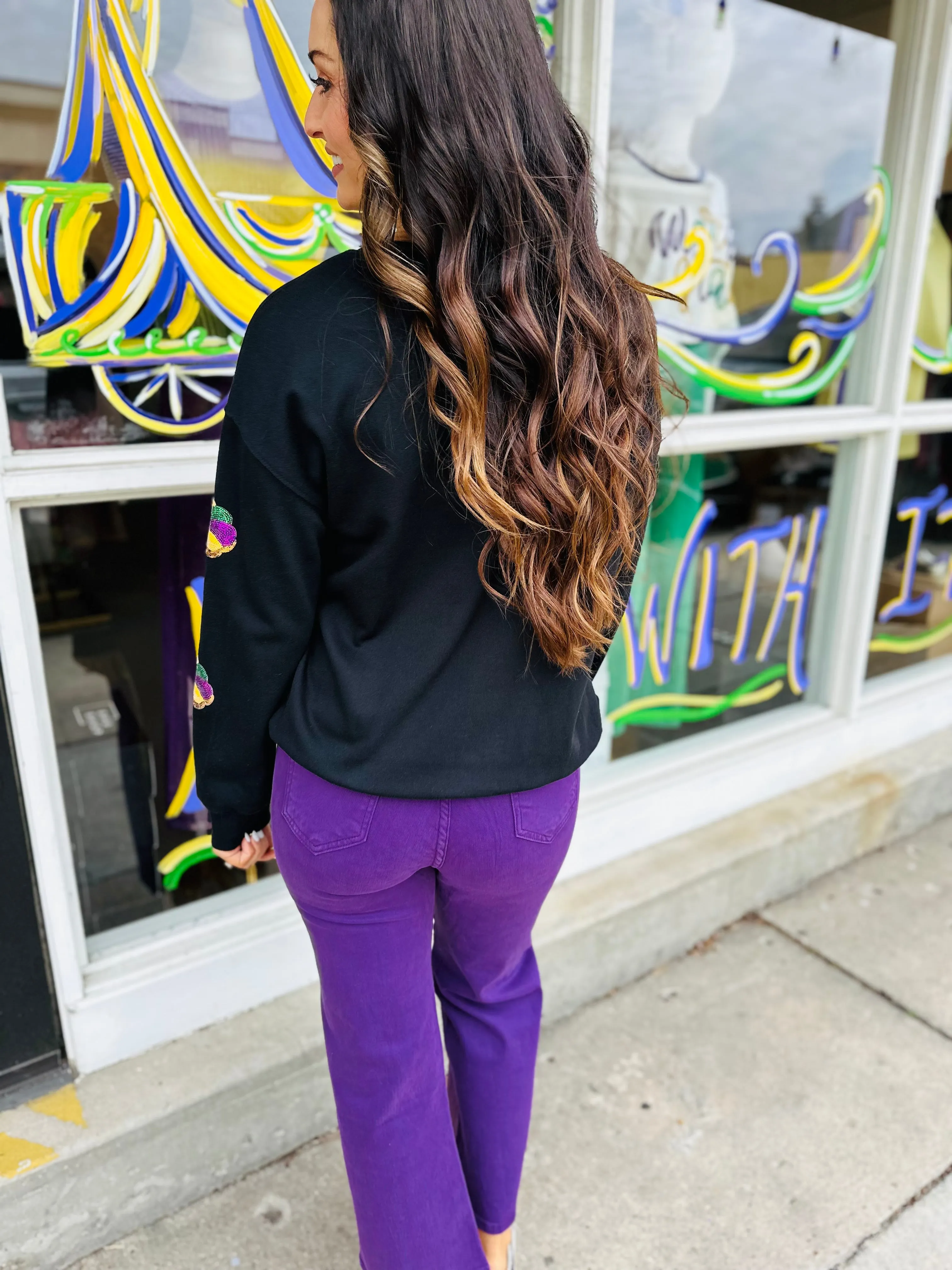 King Cake Drop Shoulder Sweater- Black