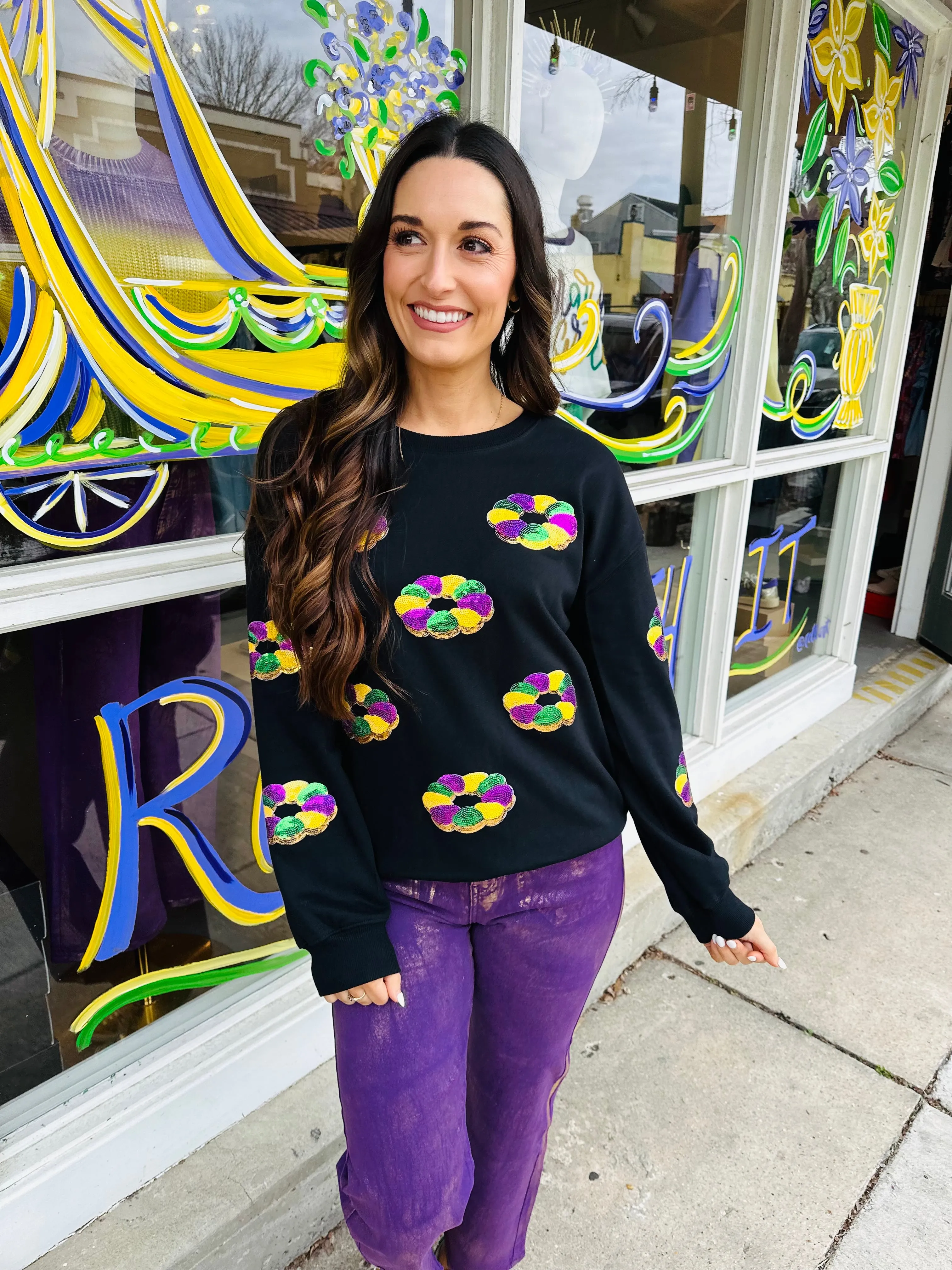 King Cake Drop Shoulder Sweater- Black