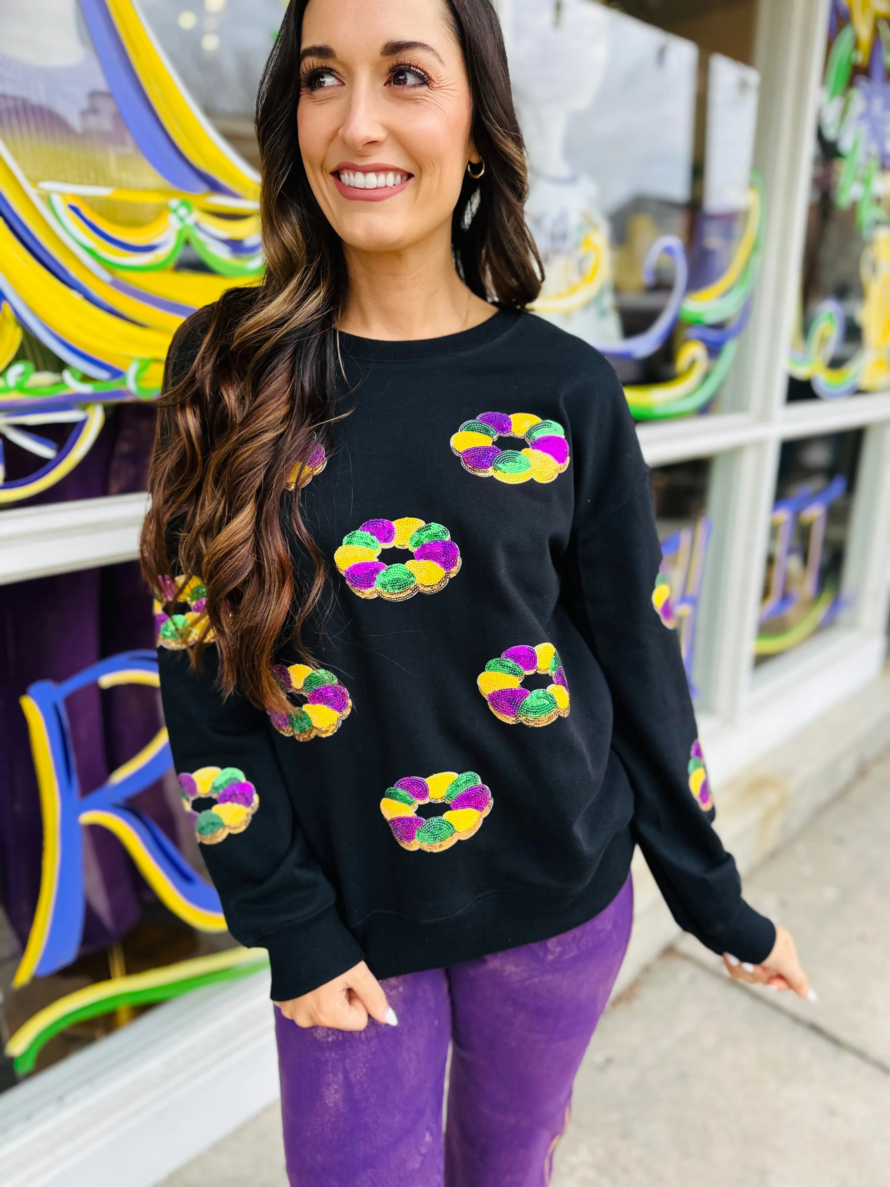 King Cake Drop Shoulder Sweater- Black