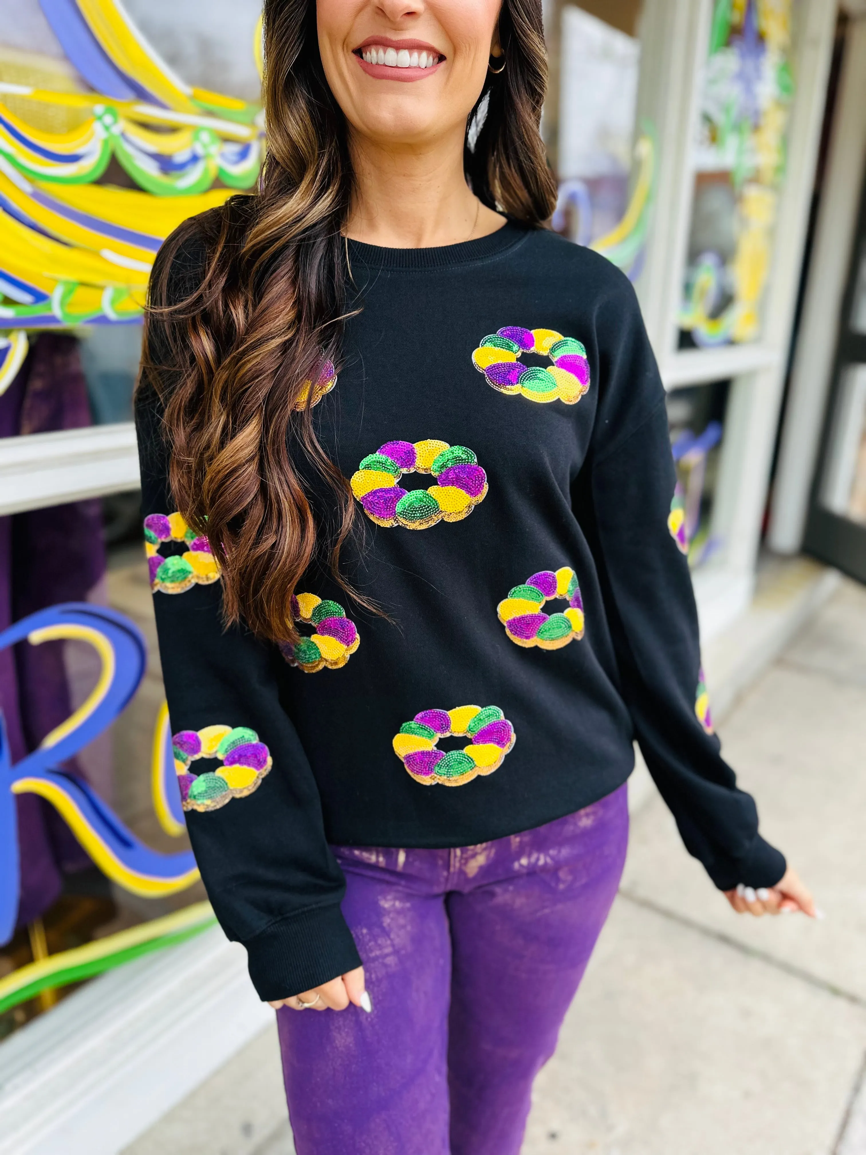 King Cake Drop Shoulder Sweater- Black