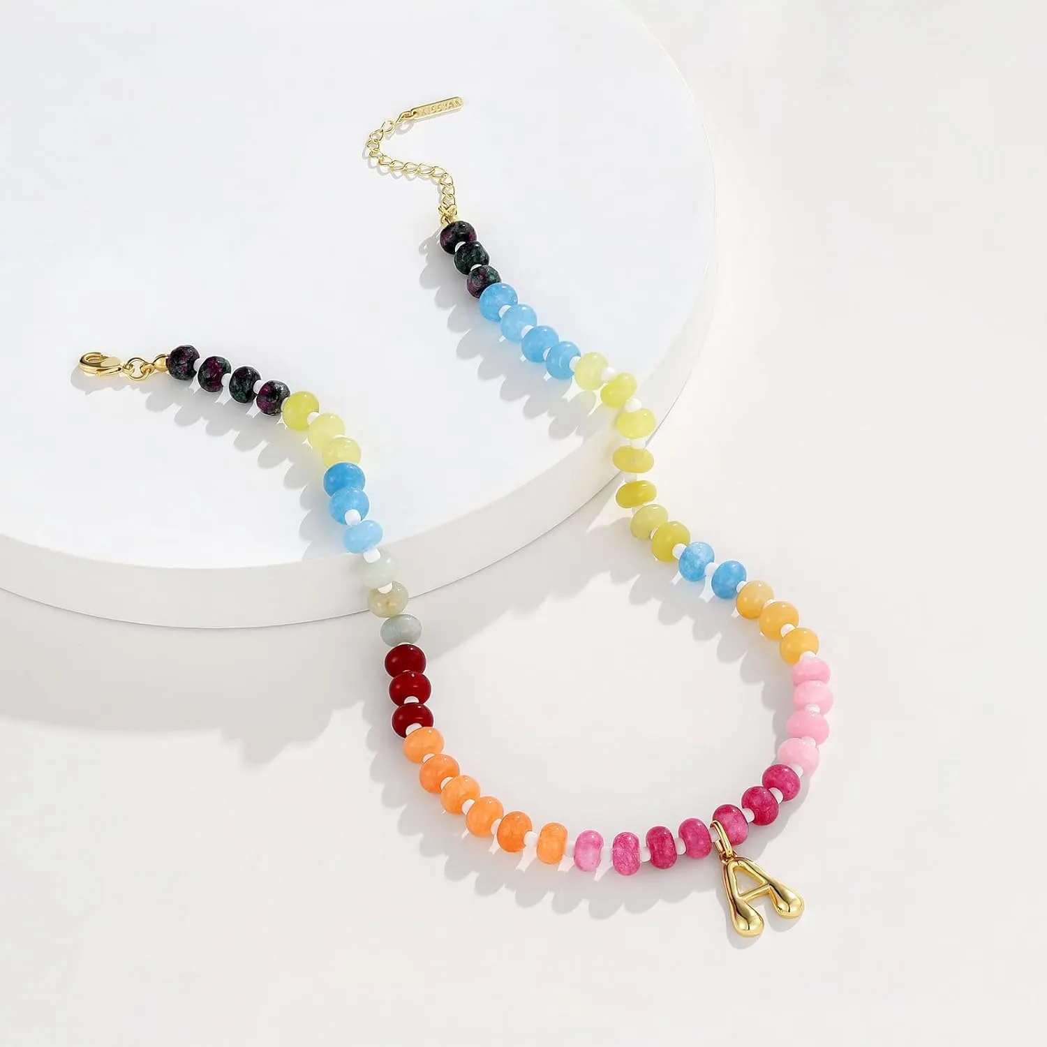 KissYan Initial Necklaces for Women, Colorful Beaded Gemstone Choker 14K Gold Bubble Letter Pendant Necklace Natural Stone Summer Beach Handmade Jewelry Gift