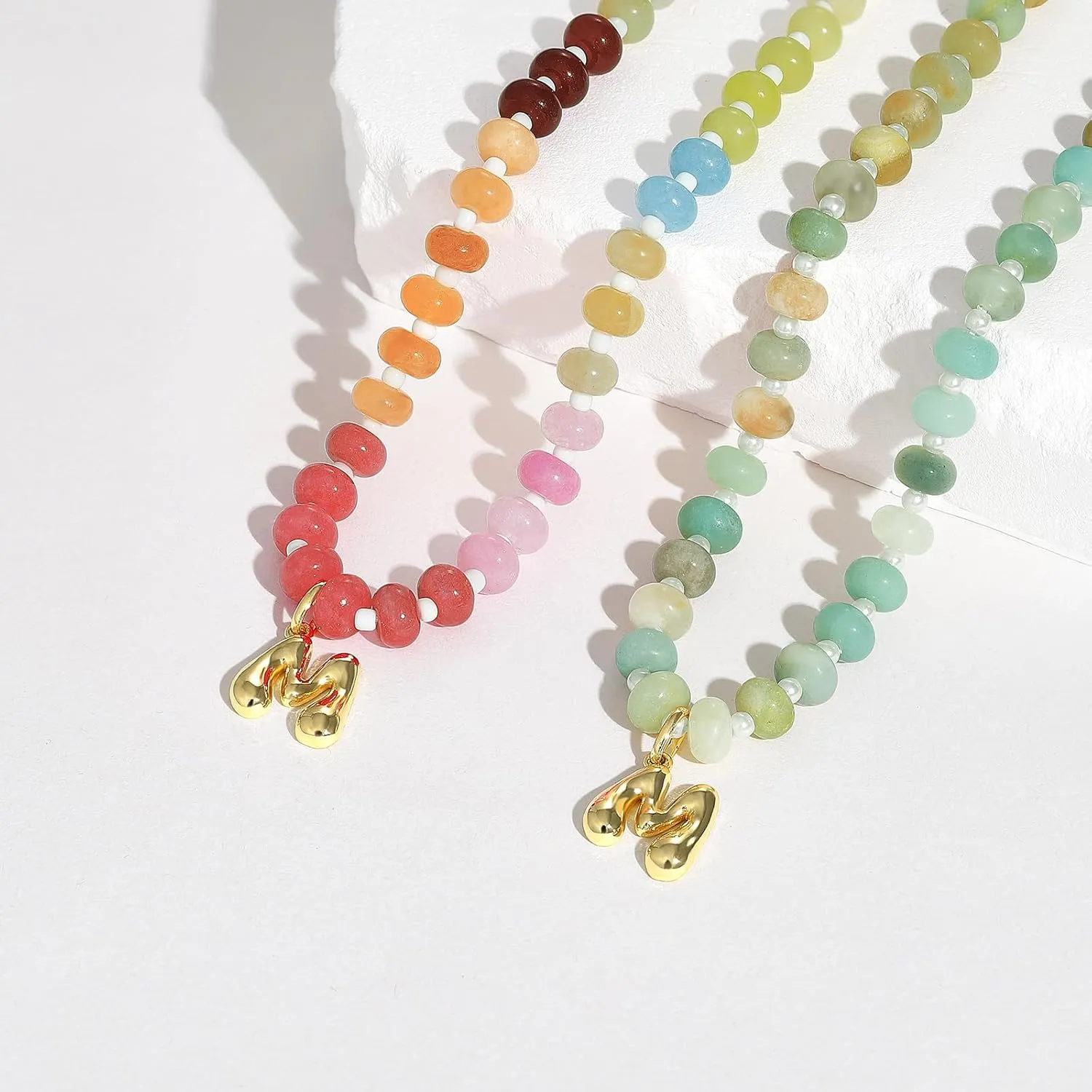 KissYan Initial Necklaces for Women, Colorful Beaded Gemstone Choker 14K Gold Bubble Letter Pendant Necklace Natural Stone Summer Beach Handmade Jewelry Gift
