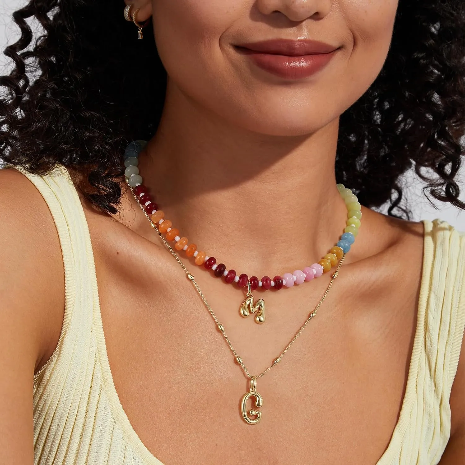 KissYan Initial Necklaces for Women, Colorful Beaded Gemstone Choker 14K Gold Bubble Letter Pendant Necklace Natural Stone Summer Beach Handmade Jewelry Gift