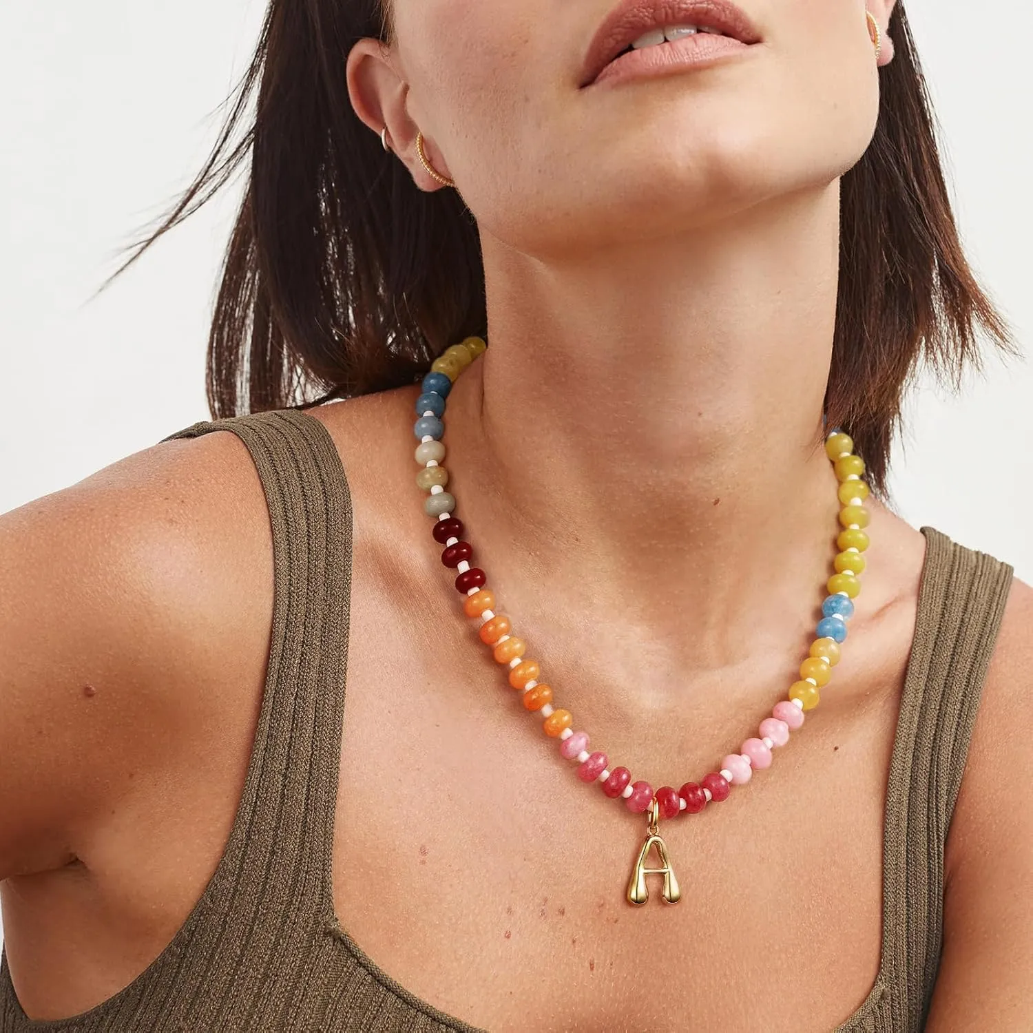 KissYan Initial Necklaces for Women, Colorful Beaded Gemstone Choker 14K Gold Bubble Letter Pendant Necklace Natural Stone Summer Beach Handmade Jewelry Gift
