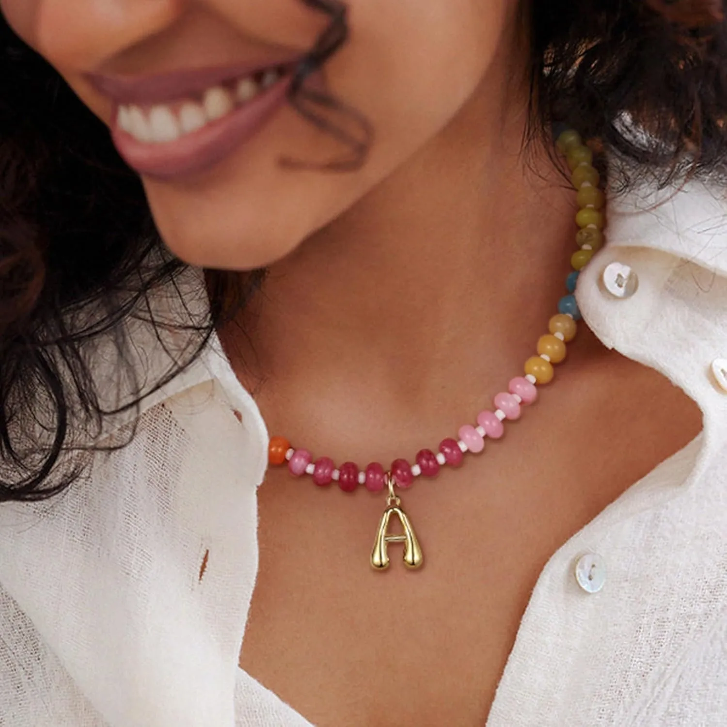 KissYan Initial Necklaces for Women, Colorful Beaded Gemstone Choker 14K Gold Bubble Letter Pendant Necklace Natural Stone Summer Beach Handmade Jewelry Gift