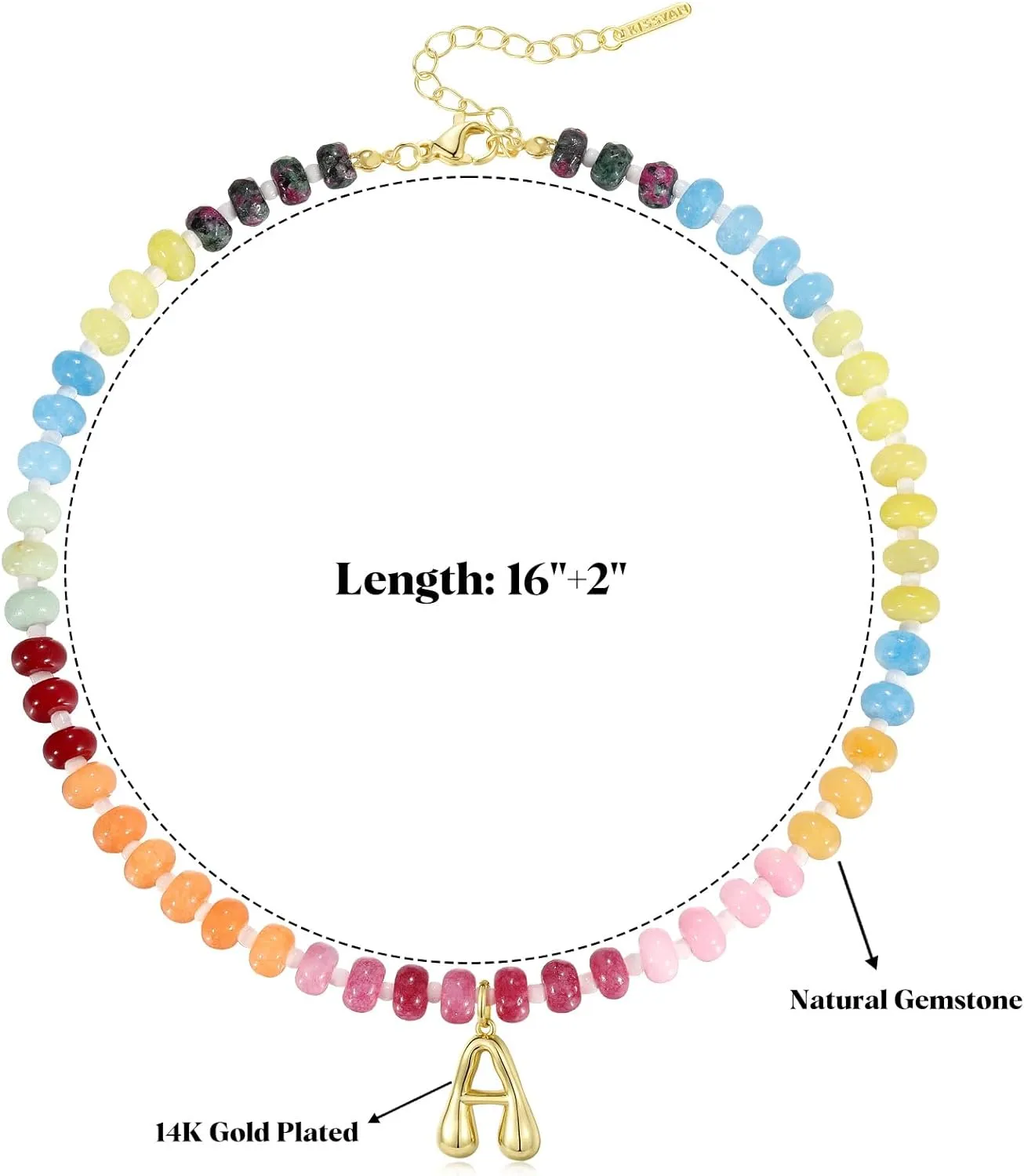 KissYan Initial Necklaces for Women, Colorful Beaded Gemstone Choker 14K Gold Bubble Letter Pendant Necklace Natural Stone Summer Beach Handmade Jewelry Gift