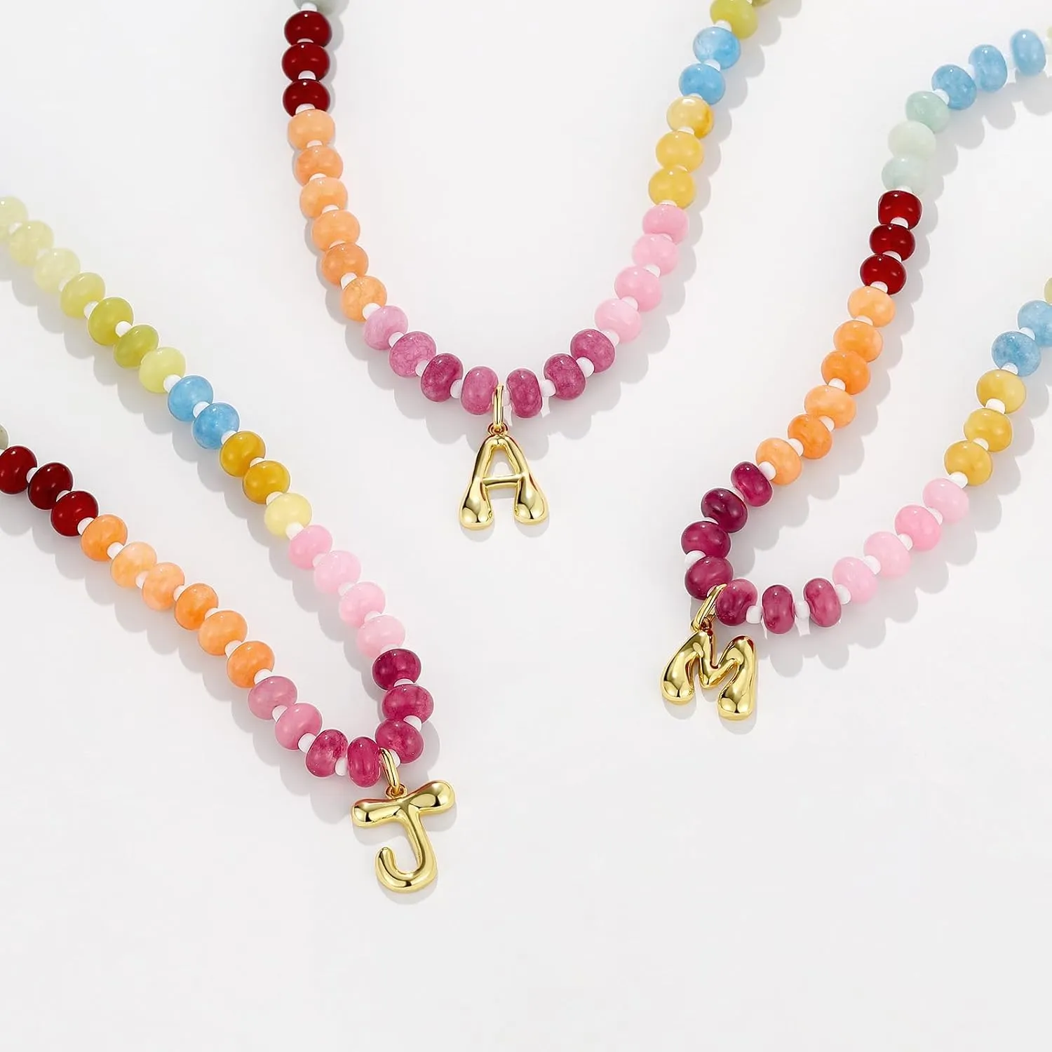 KissYan Initial Necklaces for Women, Colorful Beaded Gemstone Choker 14K Gold Bubble Letter Pendant Necklace Natural Stone Summer Beach Handmade Jewelry Gift