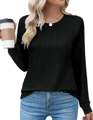 Kistore Womens Long Sleeve Tops Crew Neck Pleated Casual Dressy Blouses T Shirts Fall Clothes 2024