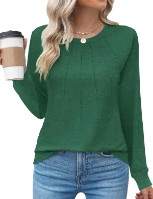 Kistore Womens Long Sleeve Tops Crew Neck Pleated Casual Dressy Blouses T Shirts Fall Clothes 2024