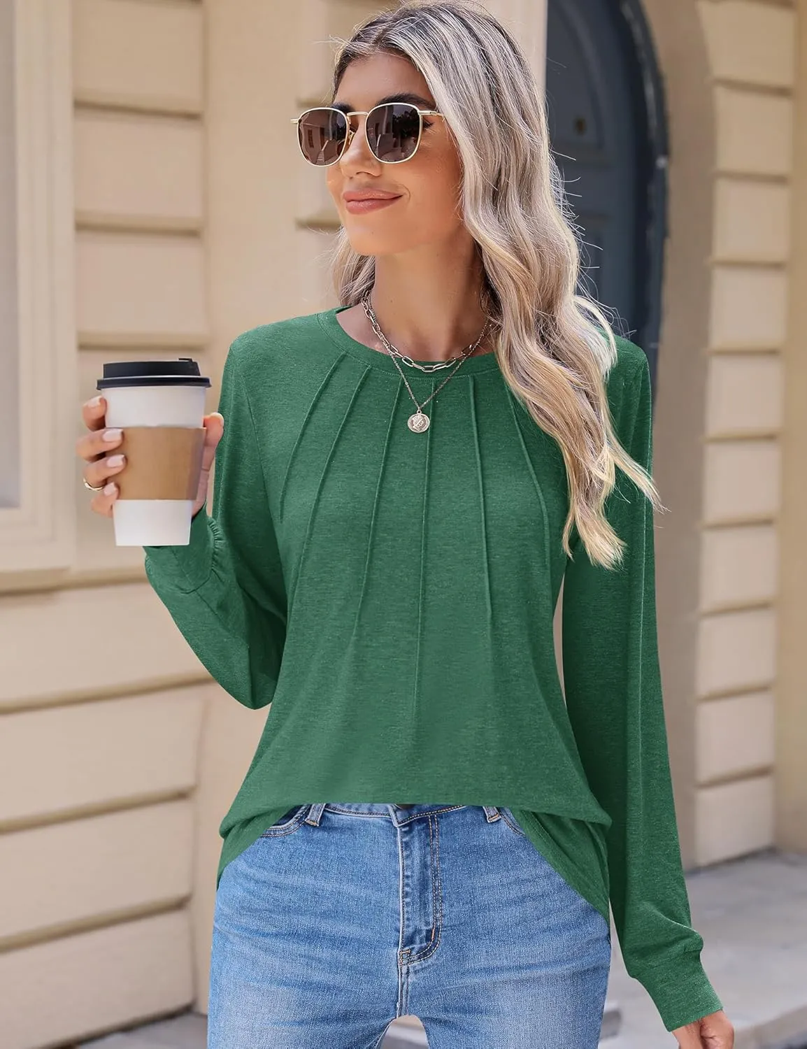 Kistore Womens Long Sleeve Tops Crew Neck Pleated Casual Dressy Blouses T Shirts Fall Clothes 2024
