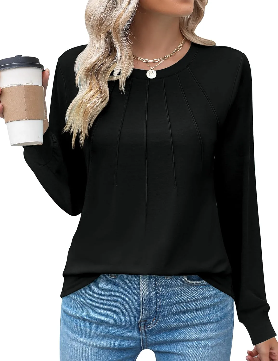 Kistore Womens Long Sleeve Tops Crew Neck Pleated Casual Dressy Blouses T Shirts Fall Clothes 2024