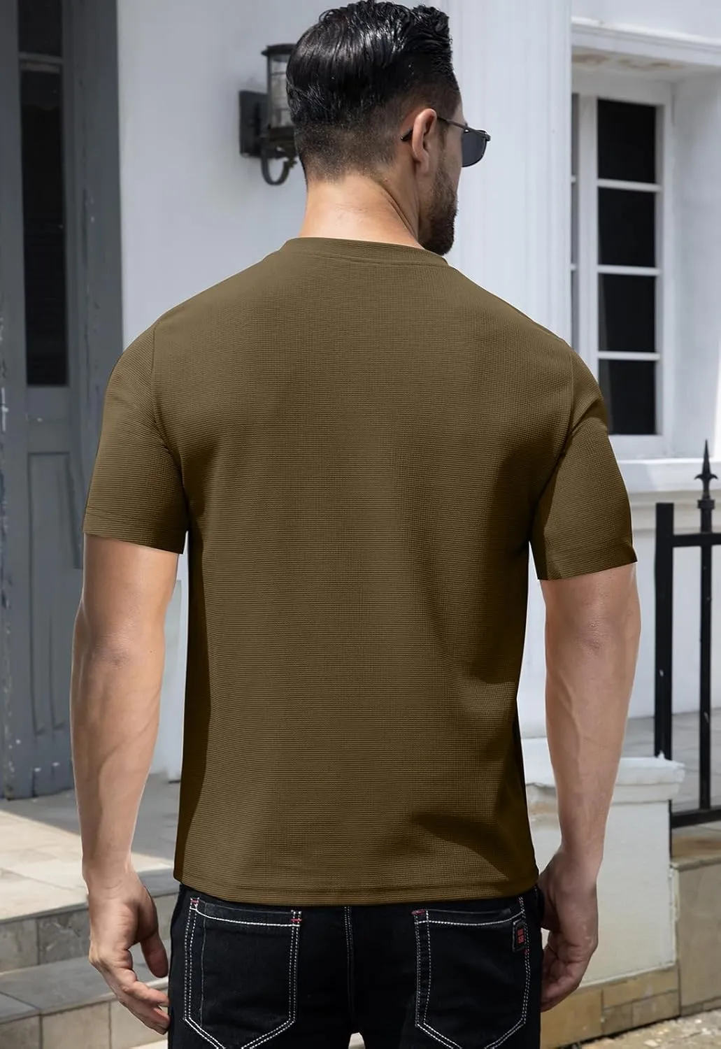 KUYIGO Men's Slim Fit Henley Shirts Short Long Sleeve Casual Tight Solid Waffle Fashion T-Shirts Tops