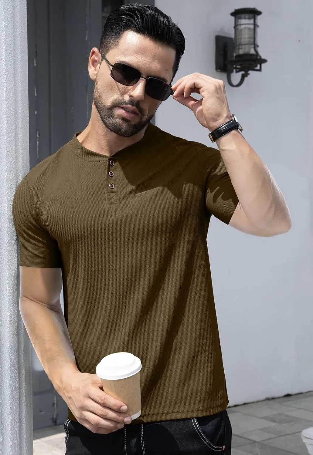 KUYIGO Men's Slim Fit Henley Shirts Short Long Sleeve Casual Tight Solid Waffle Fashion T-Shirts Tops
