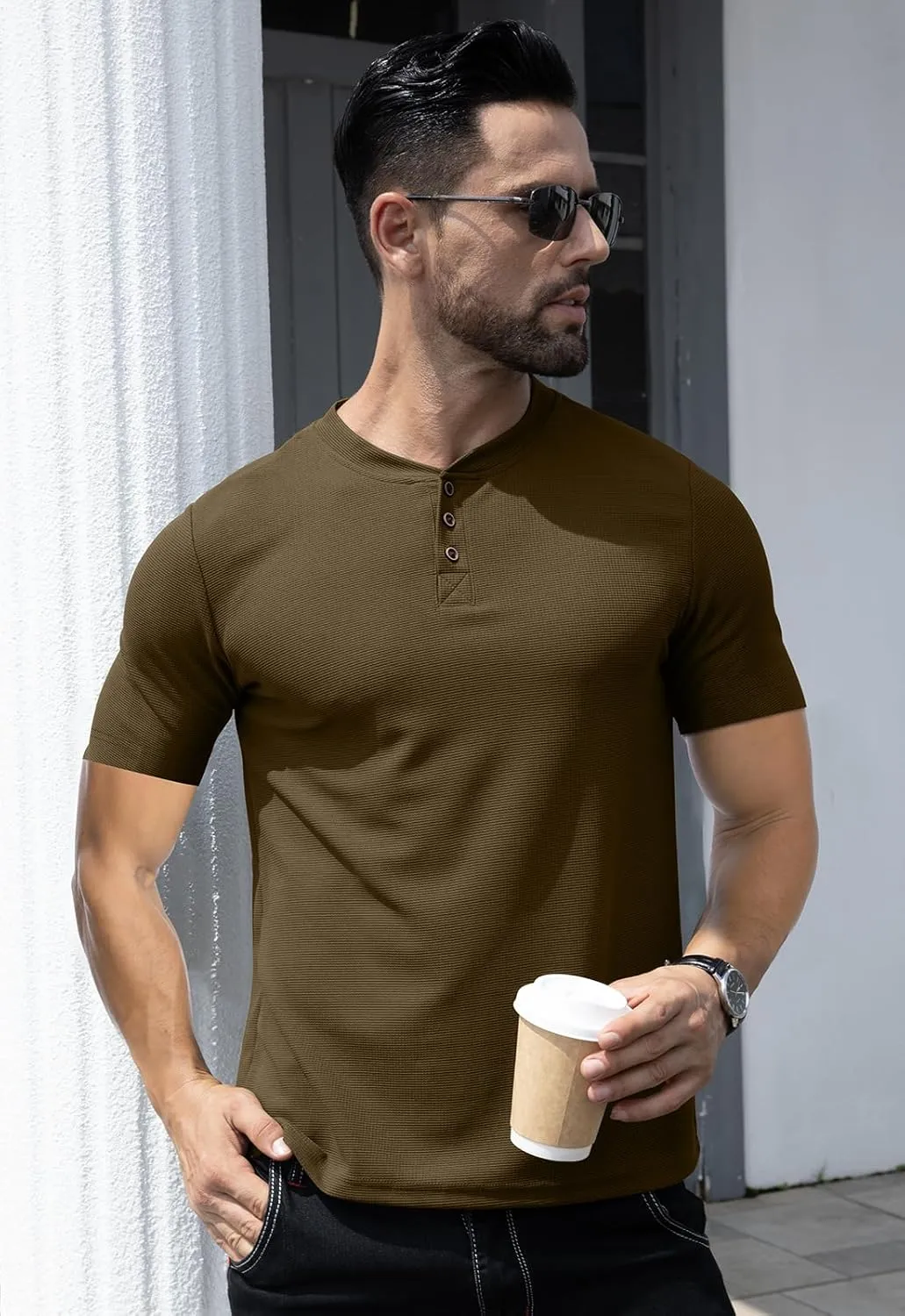 KUYIGO Men's Slim Fit Henley Shirts Short Long Sleeve Casual Tight Solid Waffle Fashion T-Shirts Tops
